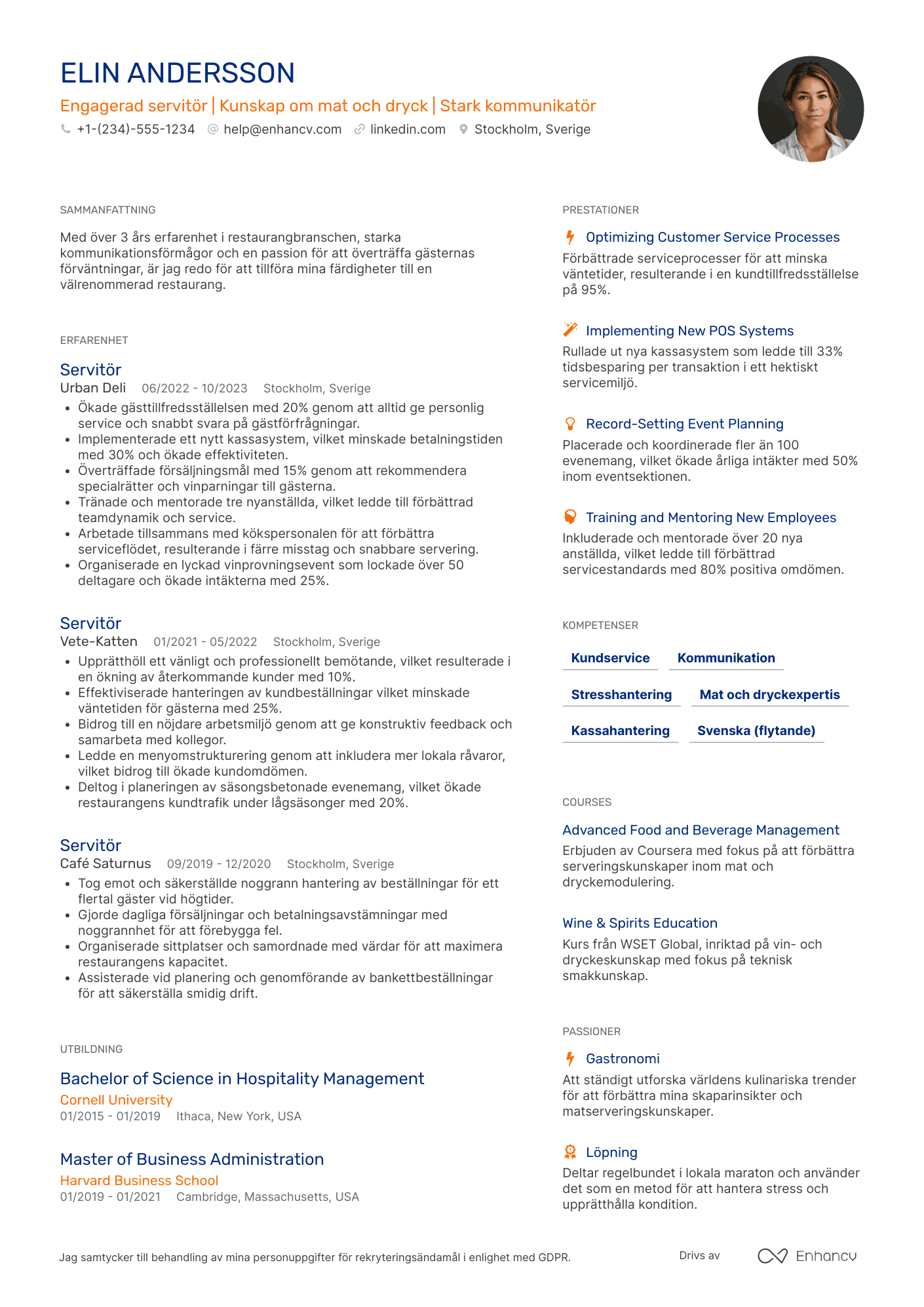 CV för Engagerad servitör Resume Example