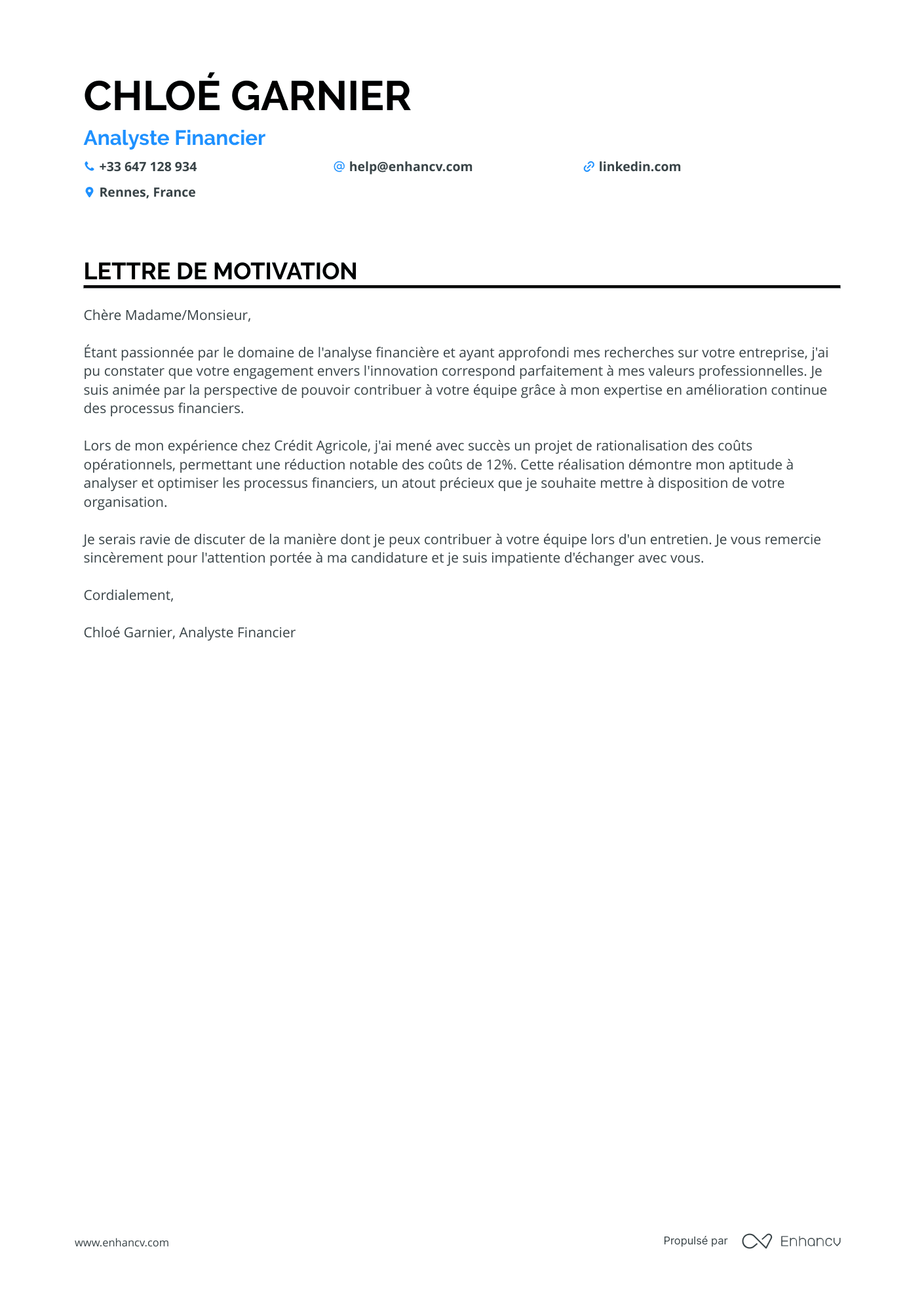 Analyste financier débutant Resume Example
