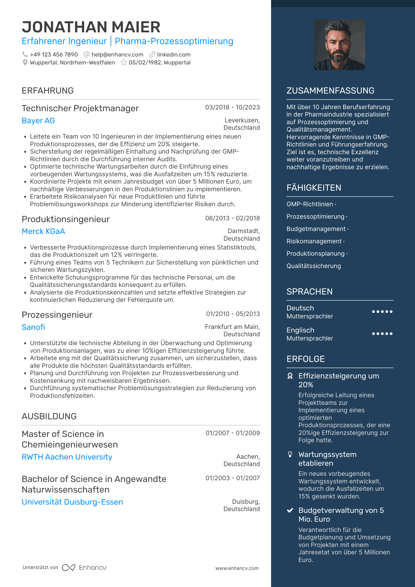 Lebenslauf in Technischer Leiter in der Pharmaindustrie Resume Example