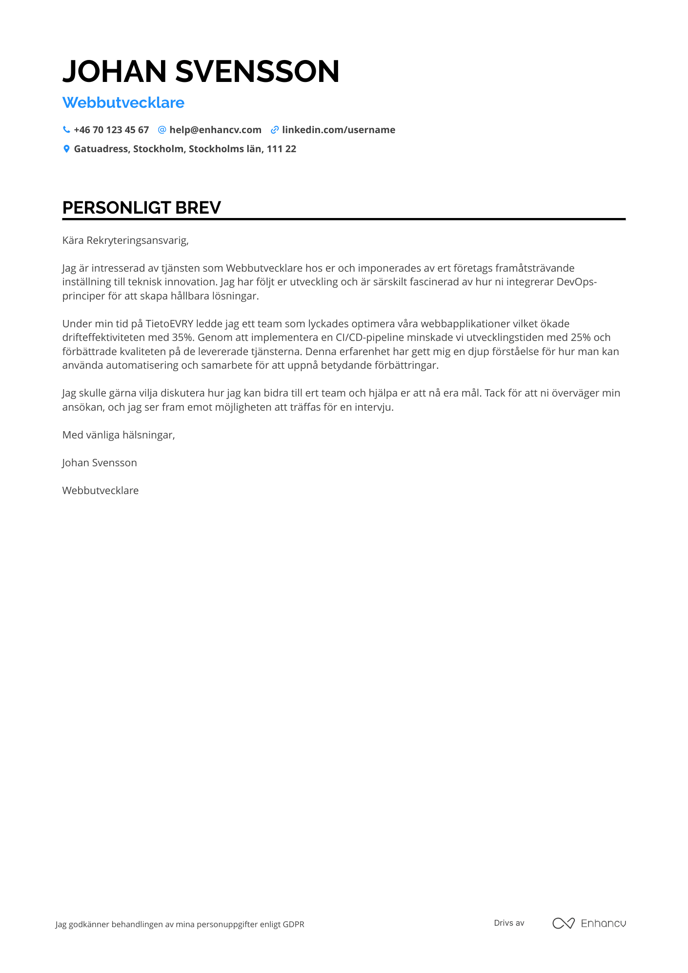 Personligt brev för Webbutvecklare DevOps Resume Example