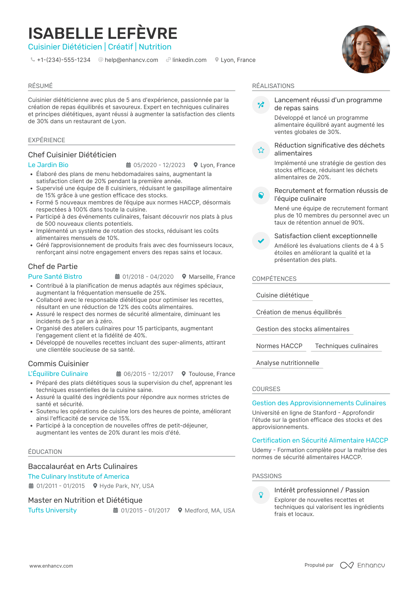 CV de cuisinier diététicien Resume Example