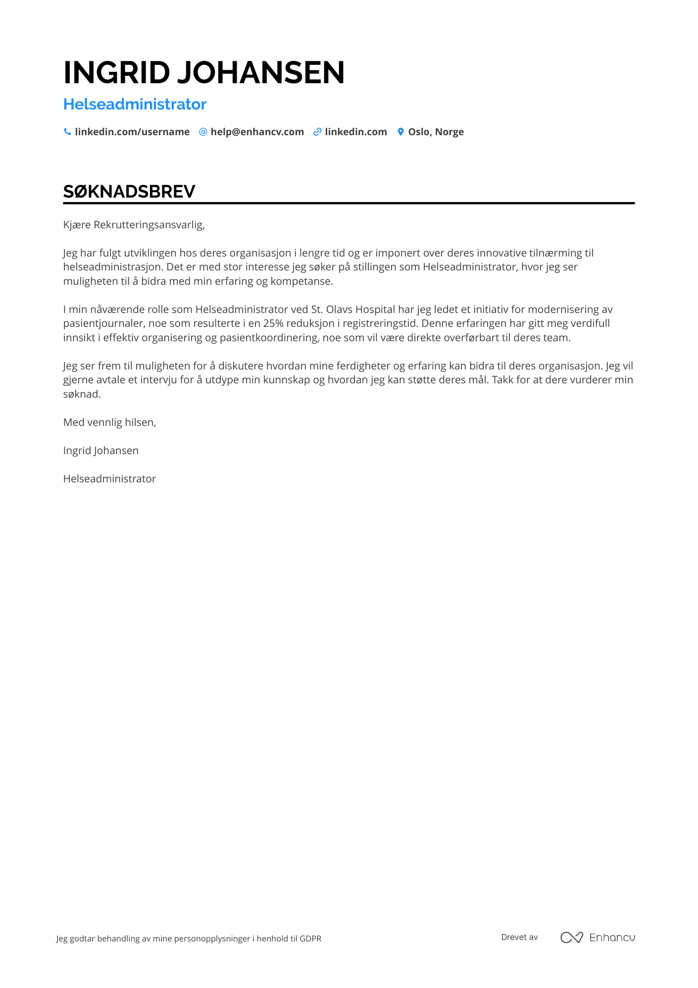 Søknadsbrev for Nyutdannede Helseadministrator Resume Example
