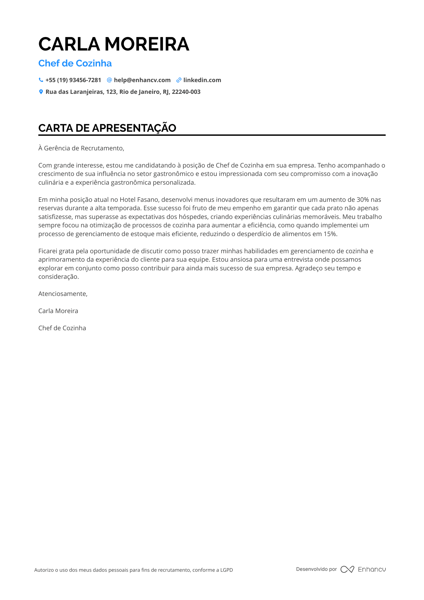 Cozinheiro de Hotel Resume Example