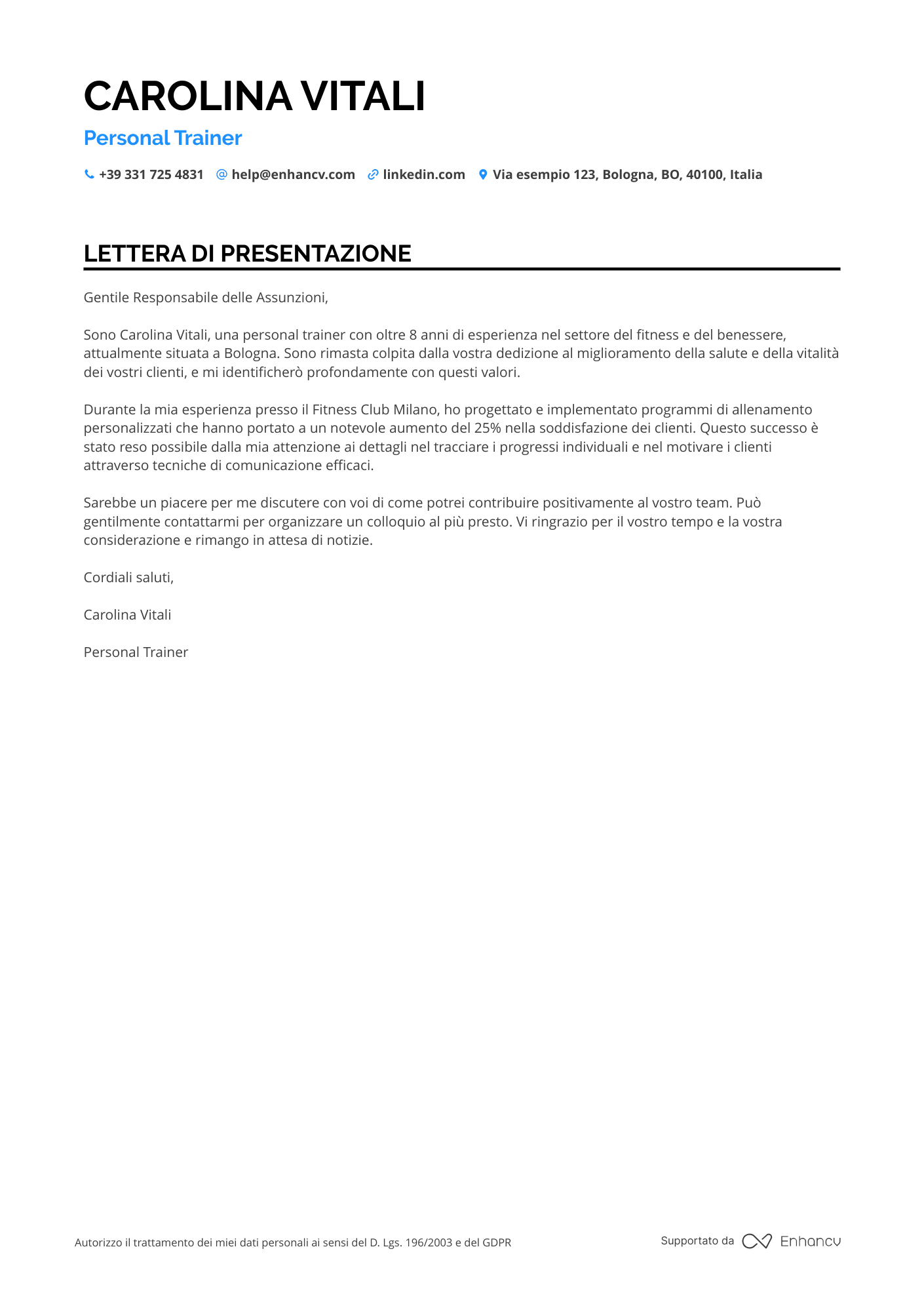 Personal Trainer Prima Esperienza Resume Example