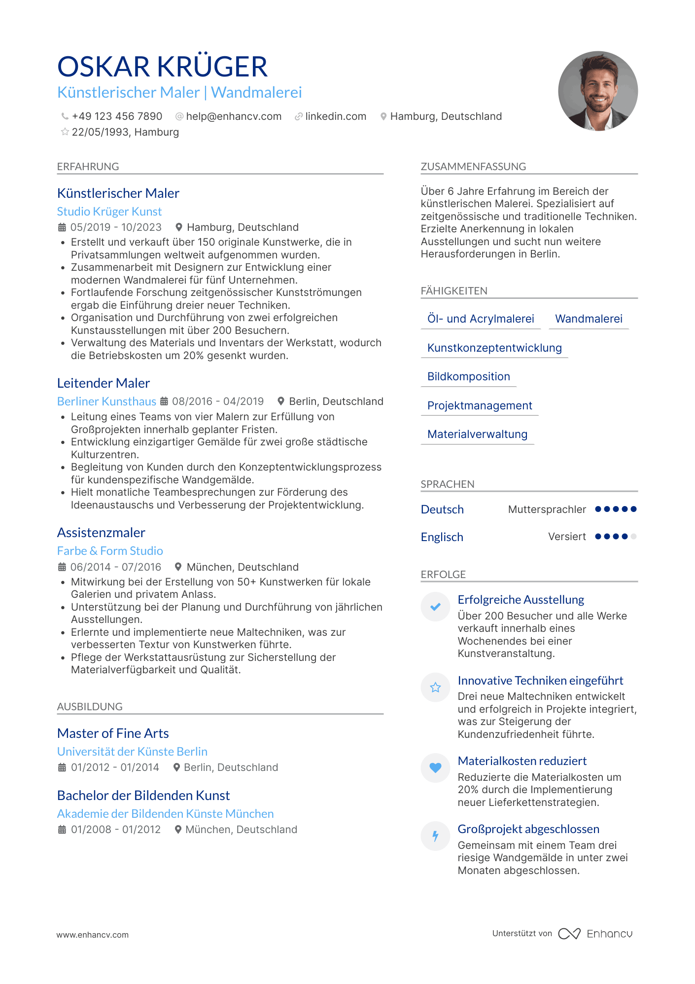 Lebenslauf in Künstlerischer Maler Resume Example