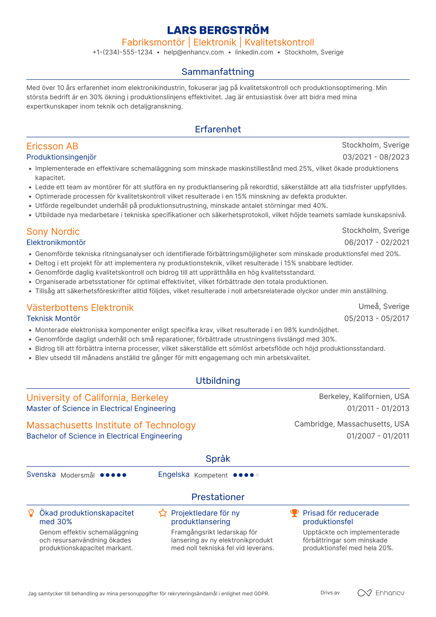 CV för Fabriksarbetare Elektronik Resume Example