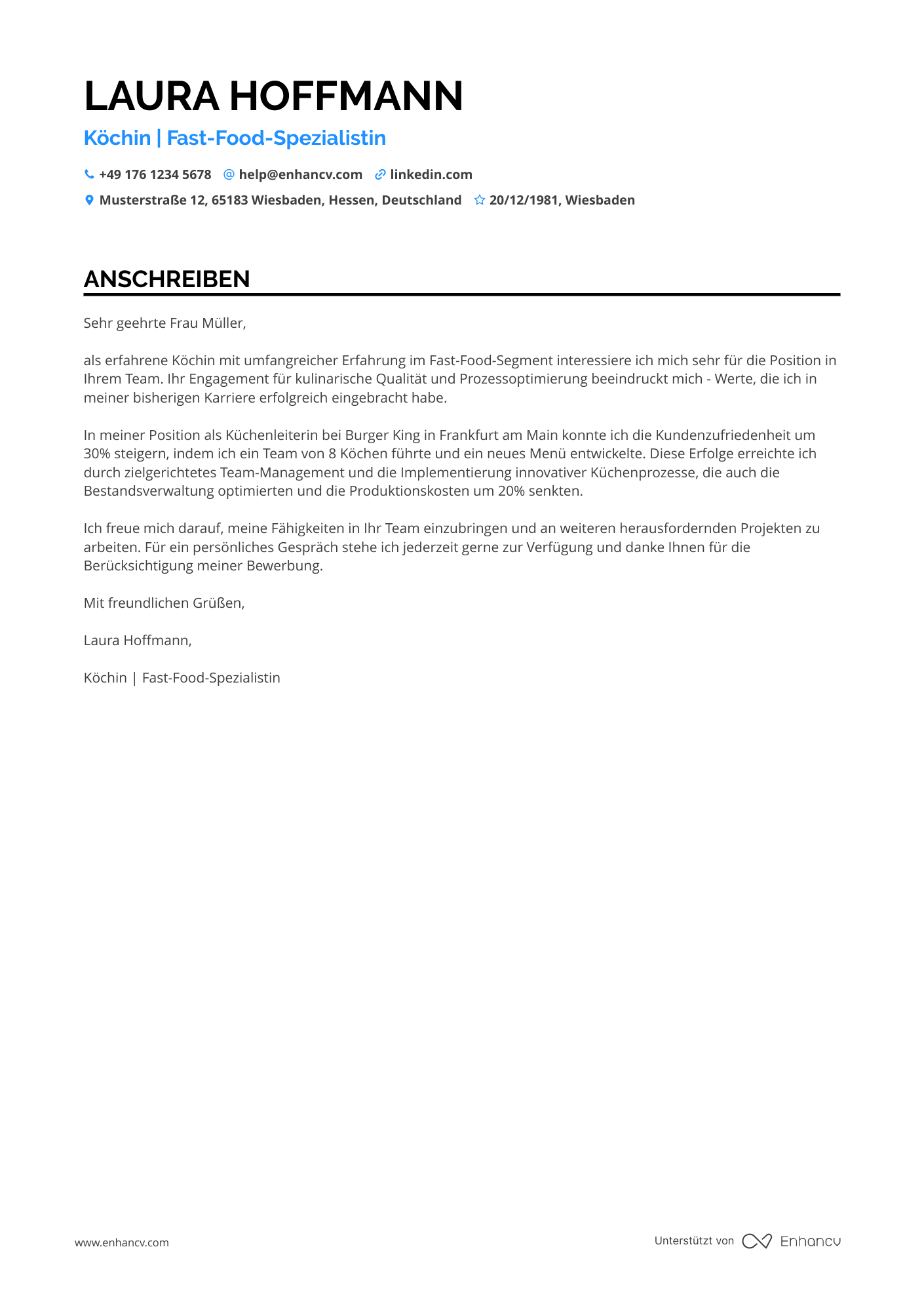 Koch in einem Fast Food Restaurant Resume Example