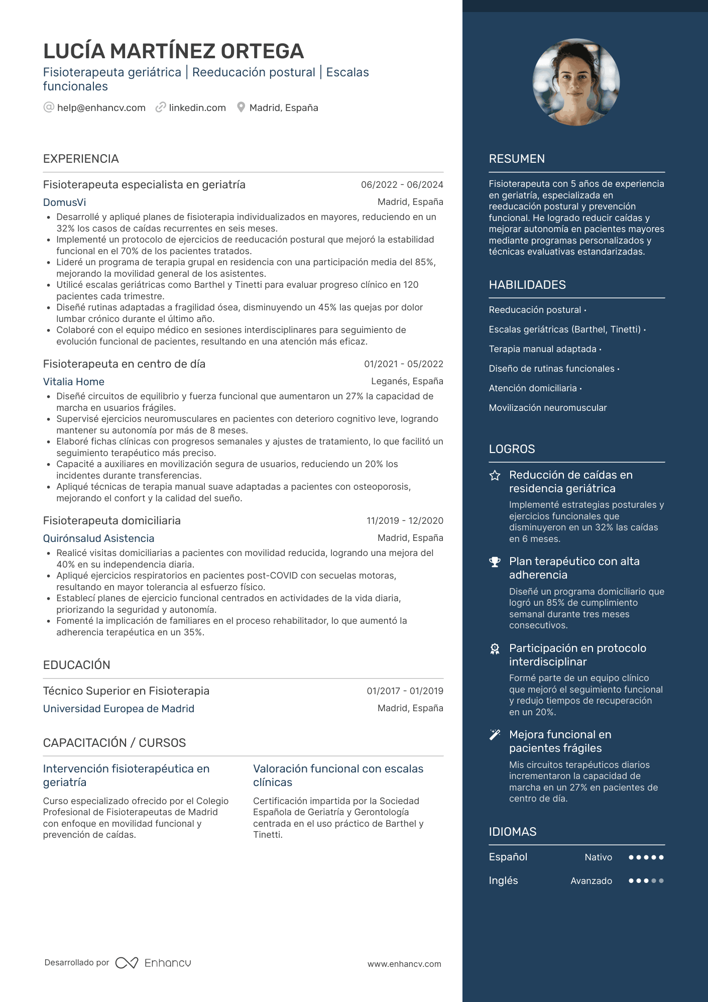Fisioterapeuta de geriatría Resume Example