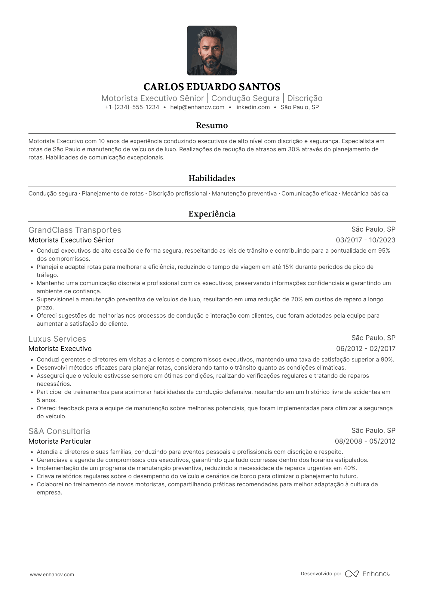 Currículo de motorista executivo Resume Example