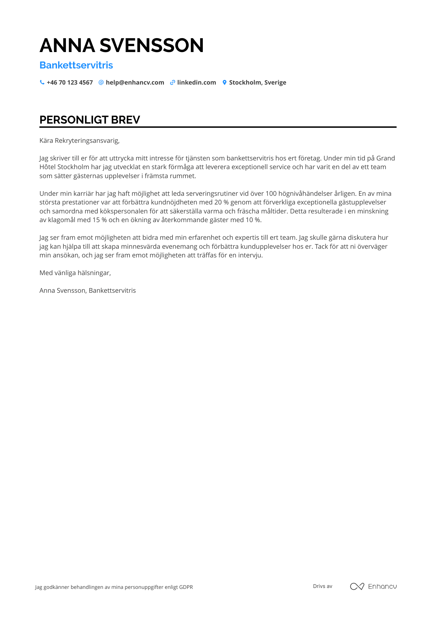 Personligt brev för Banquet Servitris Resume Example