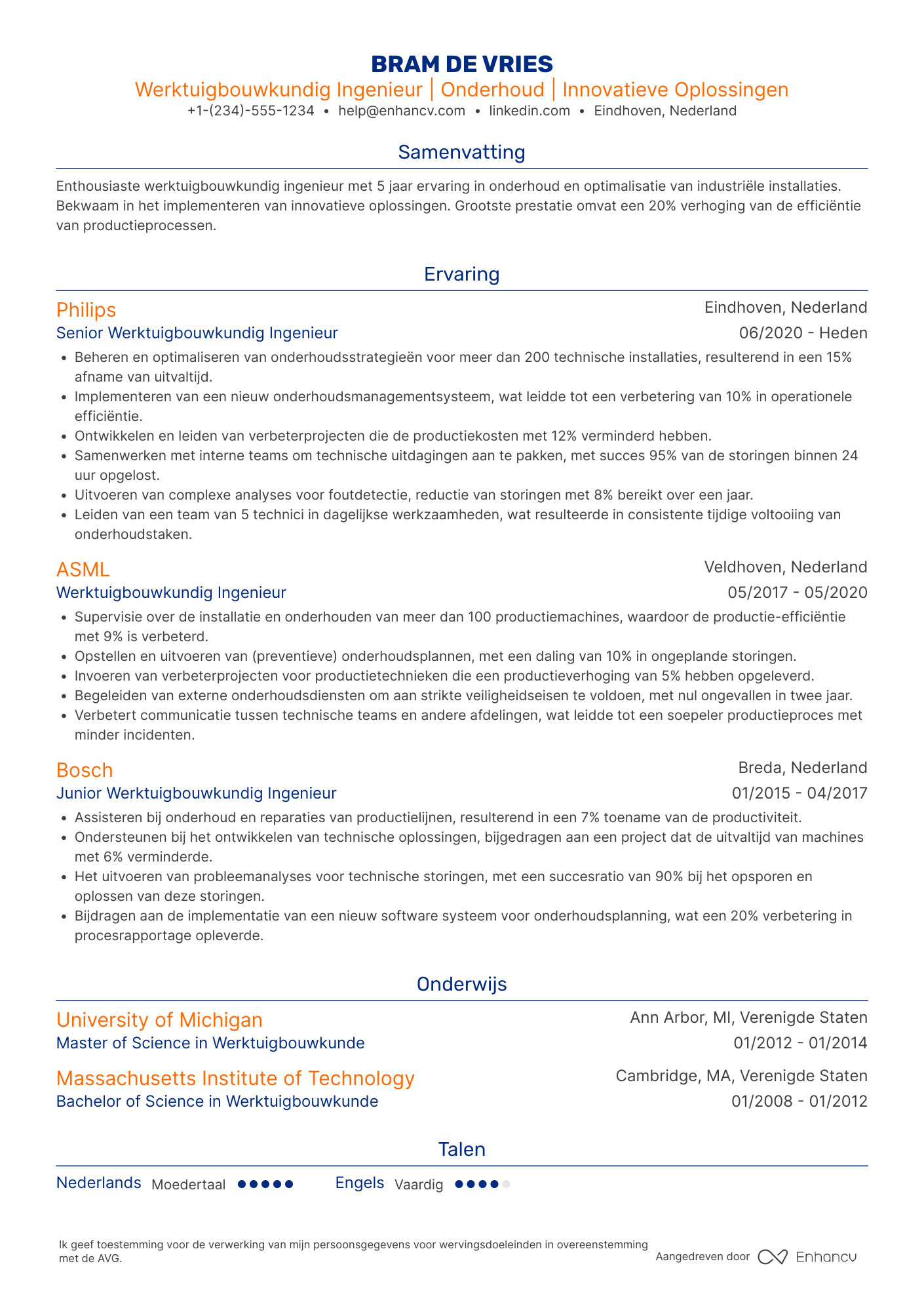CV voor Werktuigbouwkundig Ingenieur Technische Dienst Resume Example