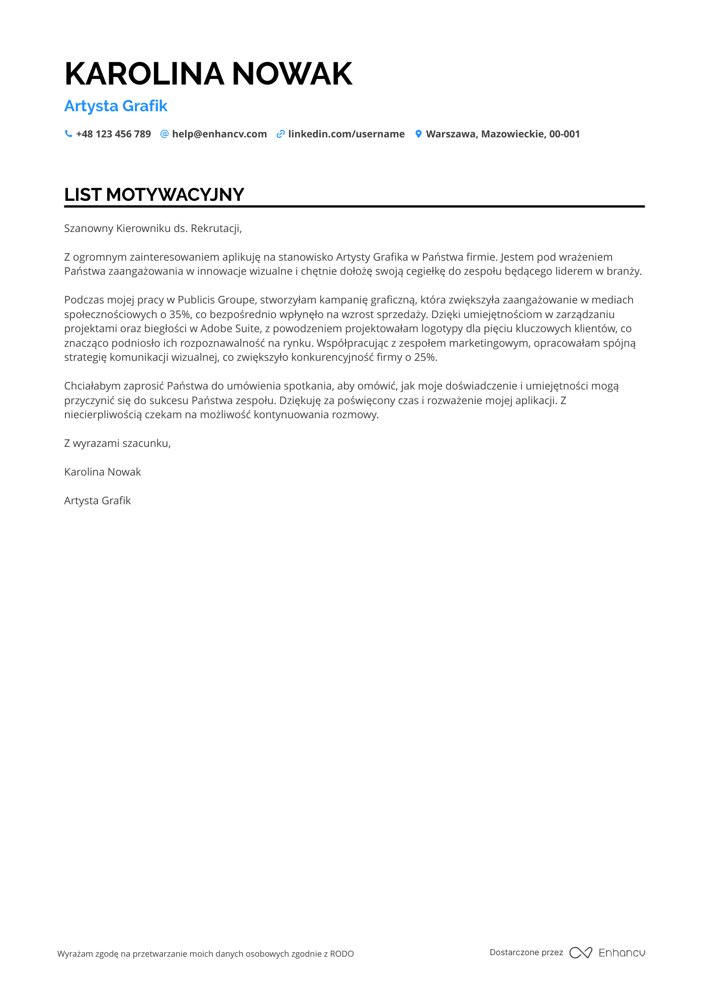 List motywacyjny dla Artysta grafik Resume Example