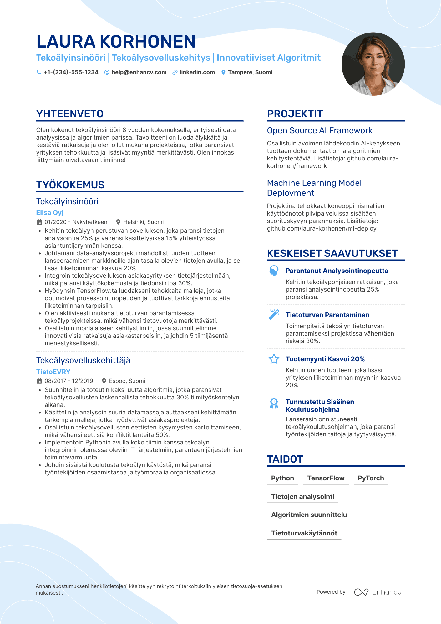 Ansioluettelo Tekoälyinsinööri kehittäjä Resume Example