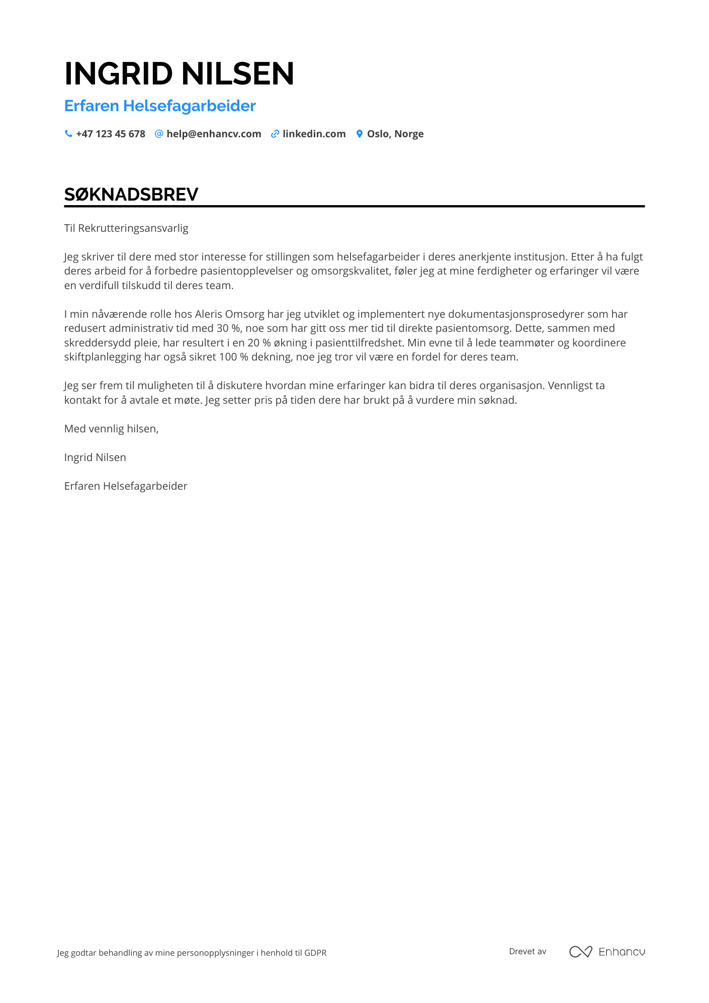 Søknadsbrev for Helsefagarbeider Erfaren Resume Example
