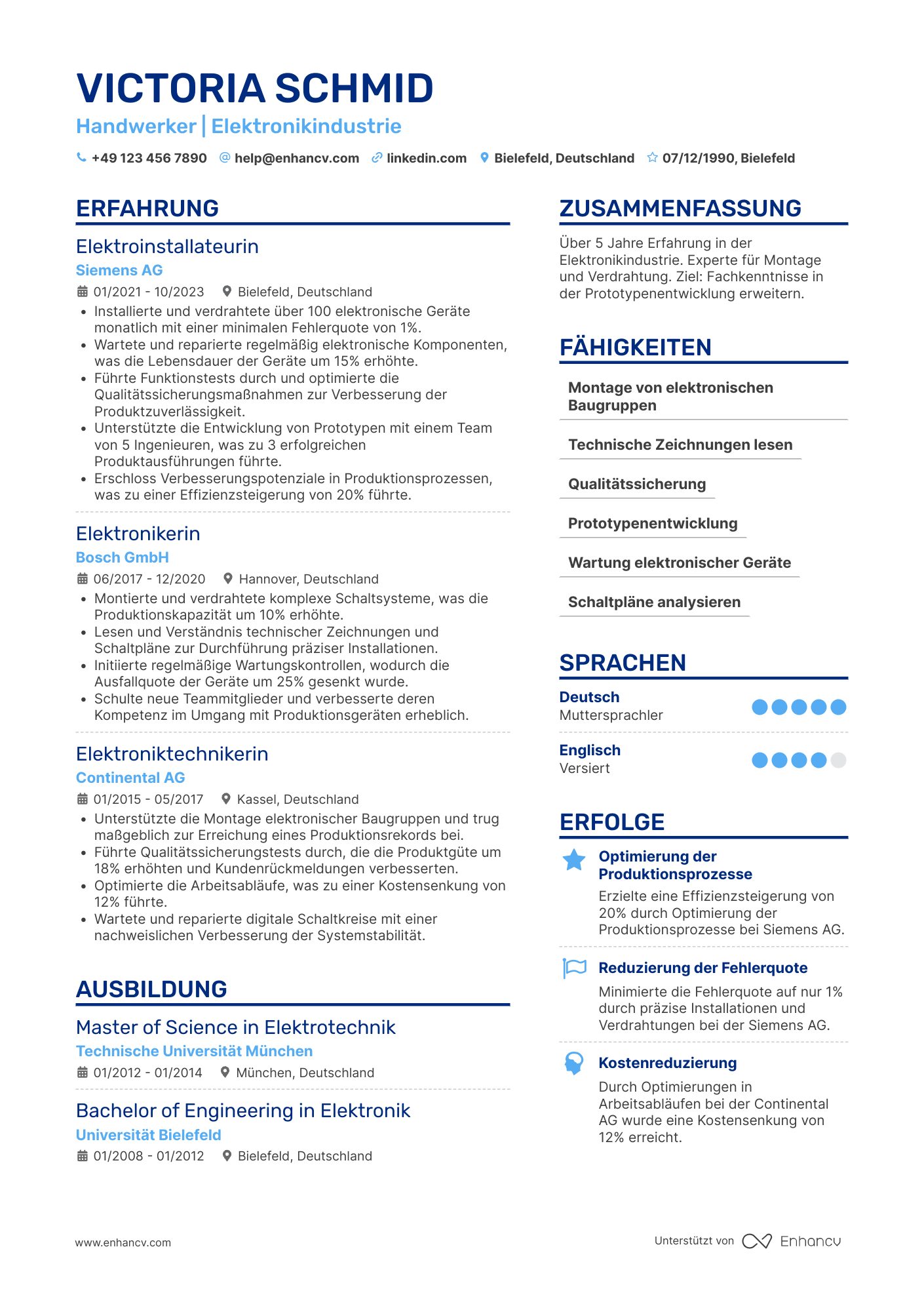 Lebenslauf in Handwerker in der Elektronikindustrie Resume Example