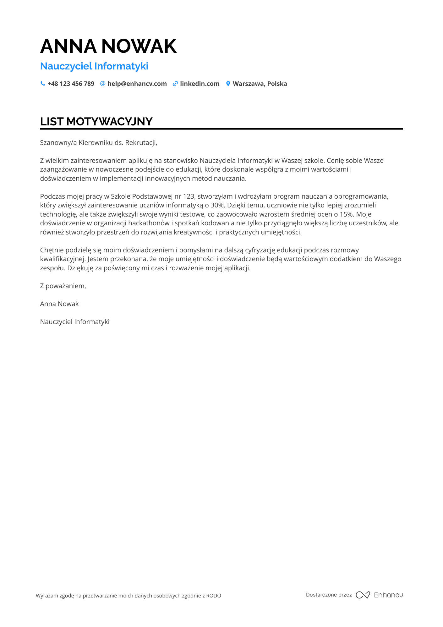 List motywacyjny dla Nauczyciel Informatyki Resume Example