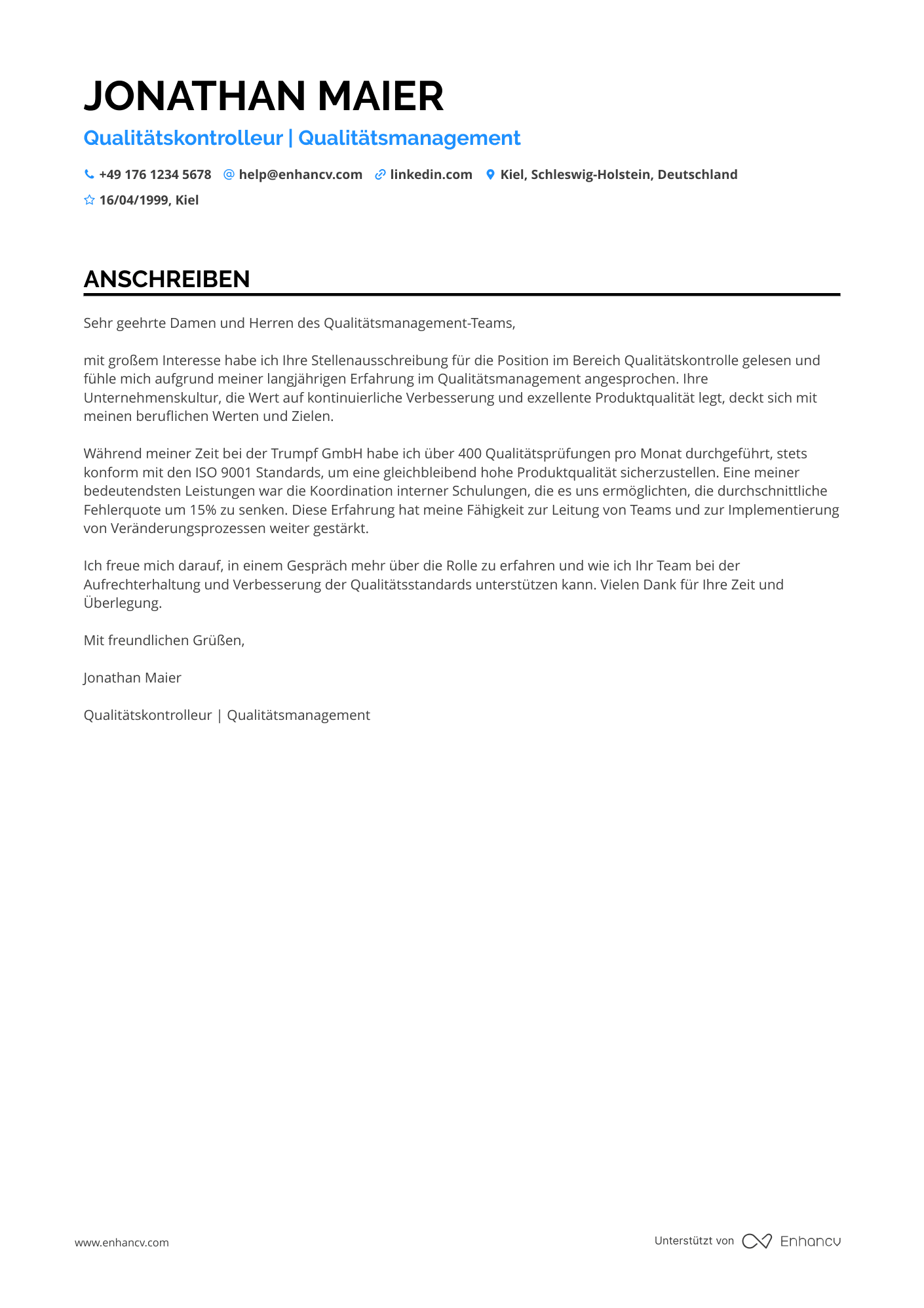Qualitätskontrolleur mit Berufserfahrung Resume Example