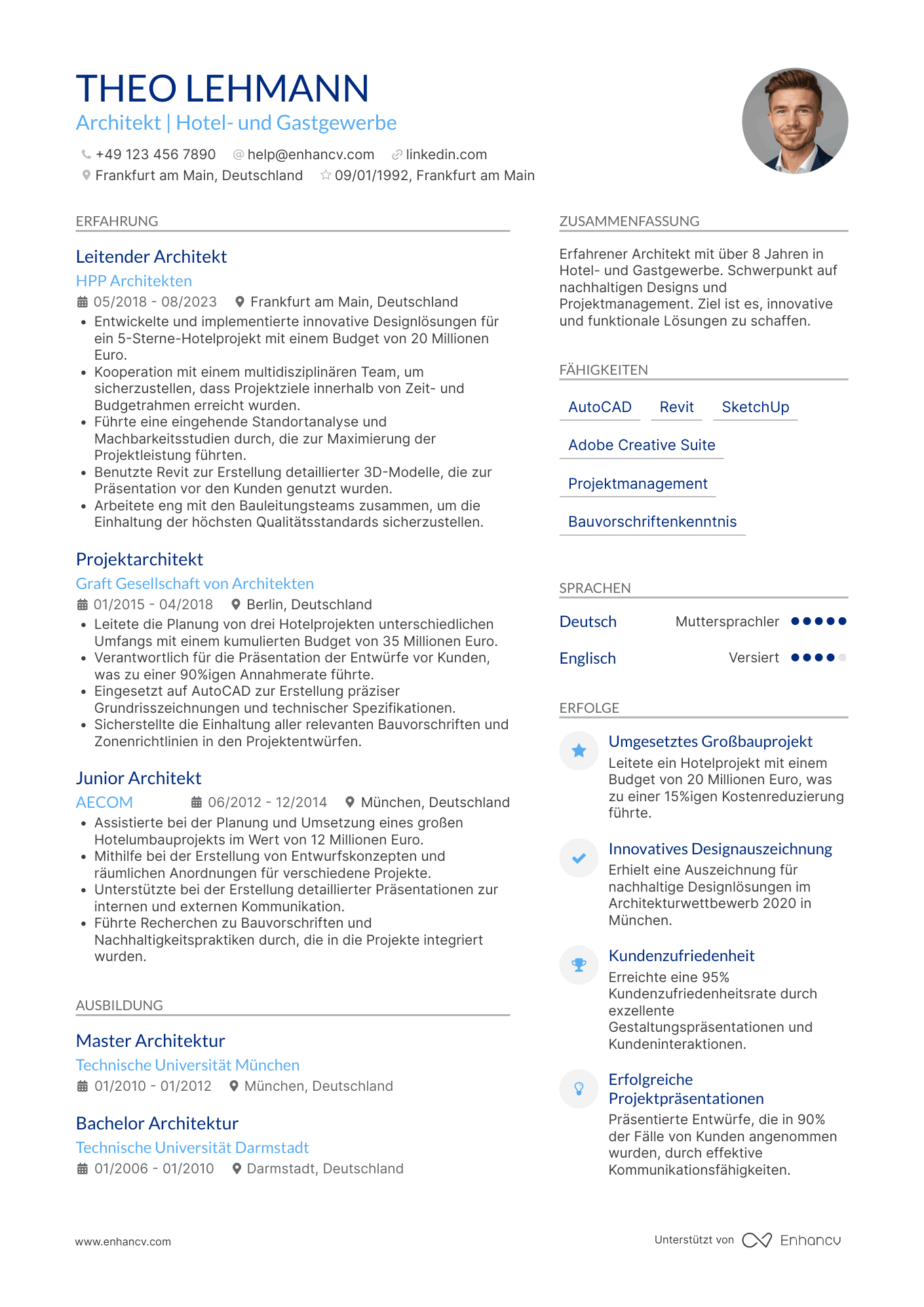Lebenslauf in Architekt für Hotel  und Gastgewerbe Resume Example