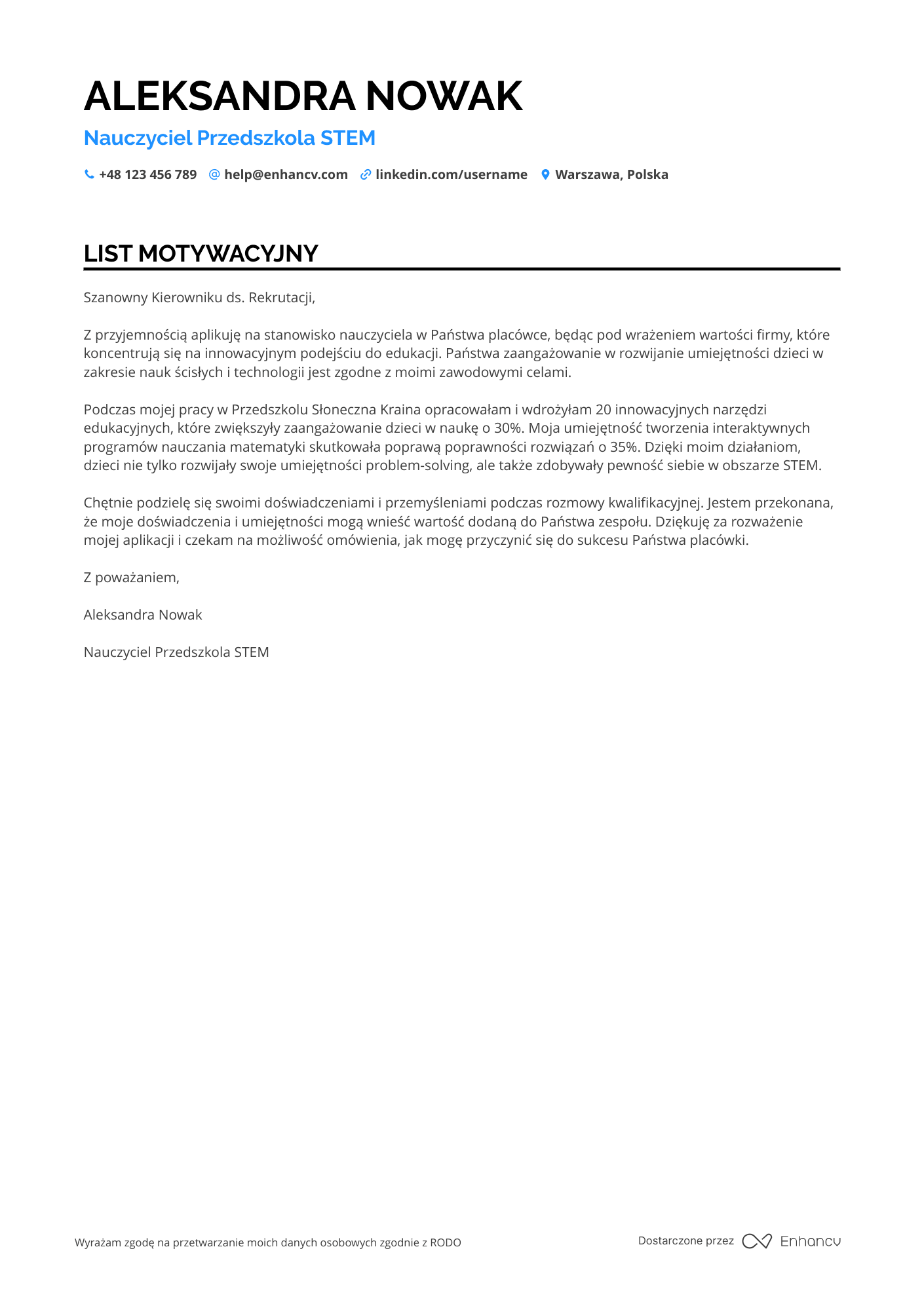 List motywacyjny dla Nauczyciel Przedszkola STEM Resume Example