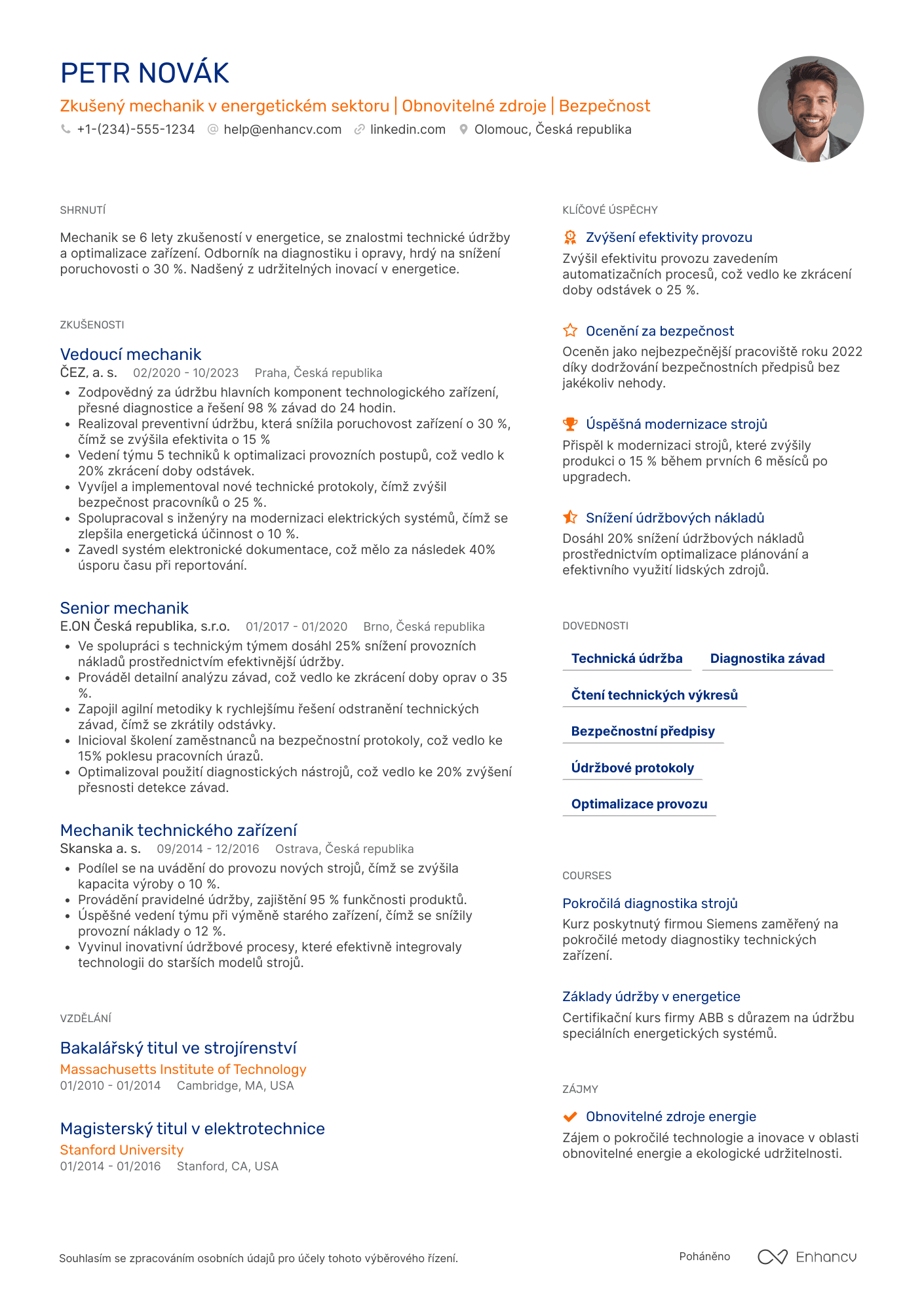 Životopis pro Mechanik v energetickém sektoru Resume Example
