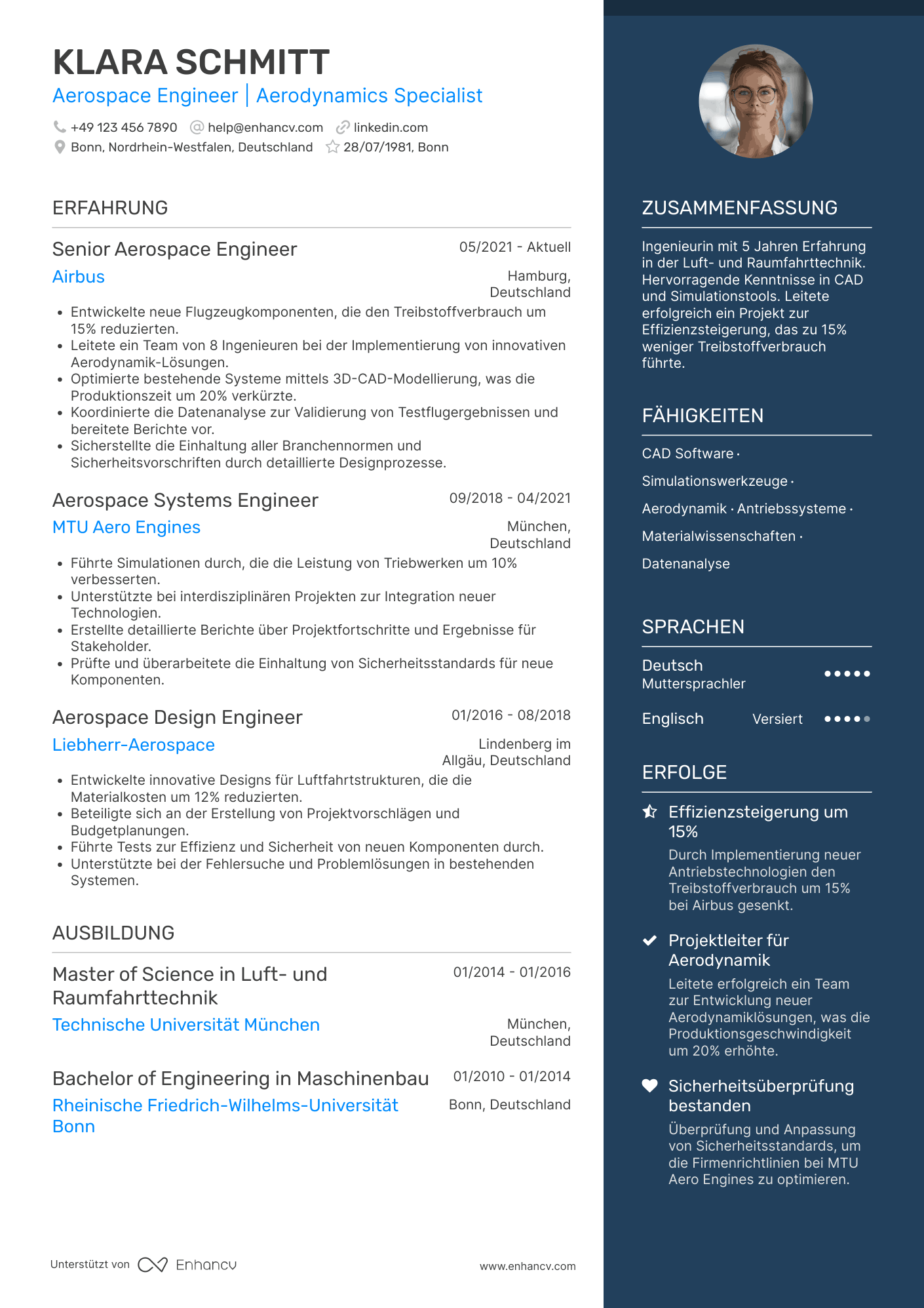 Lebenslauf als Ingenieur für Luft  und Raumfahrttechnik Resume Example