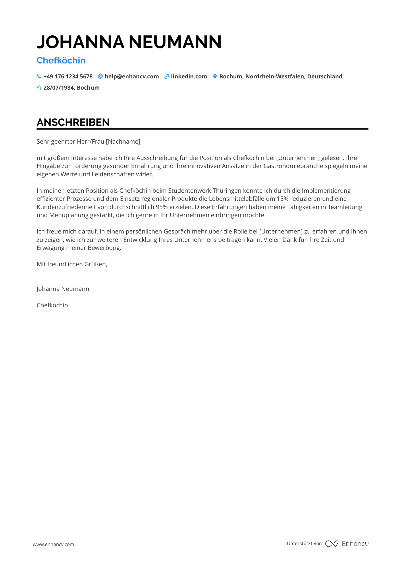 Koch in der Bildungsindustrie Resume Example