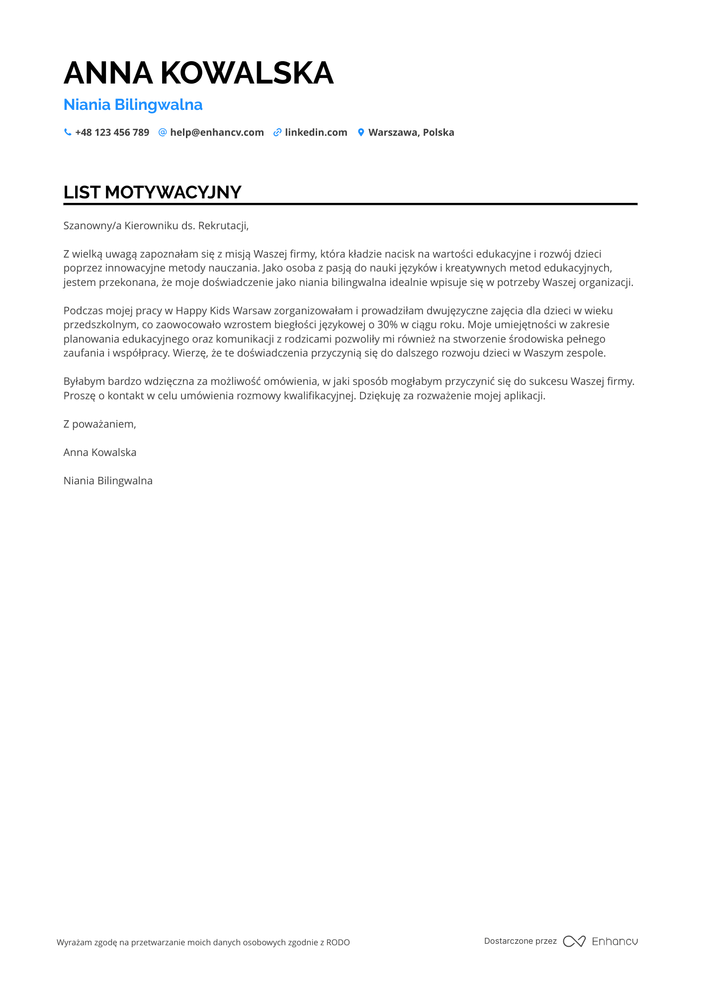 List motywacyjny dla Niania Bilingwalna Resume Example