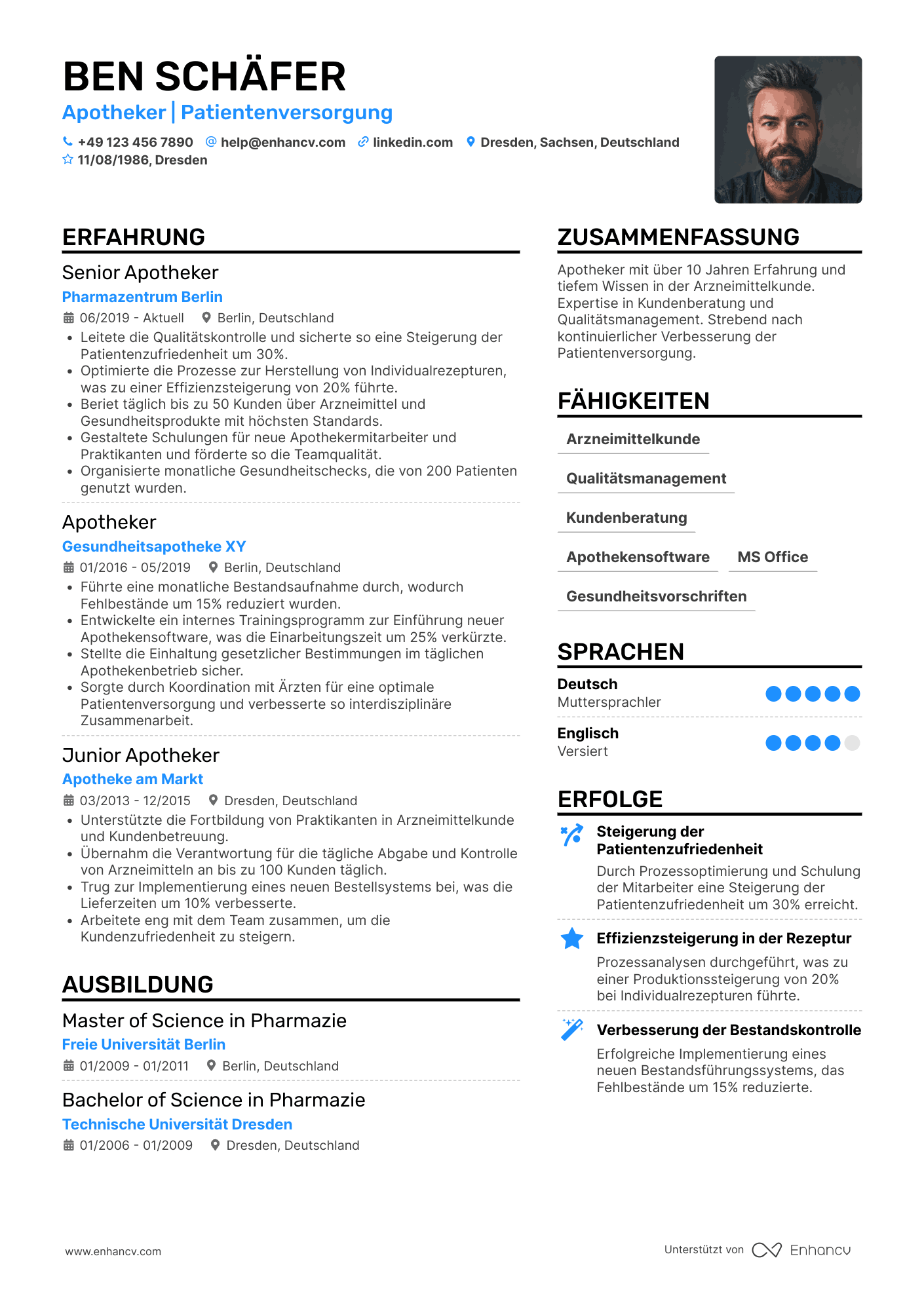 Lebenslauf als Apotheker mit Berufserfahrung Resume Example