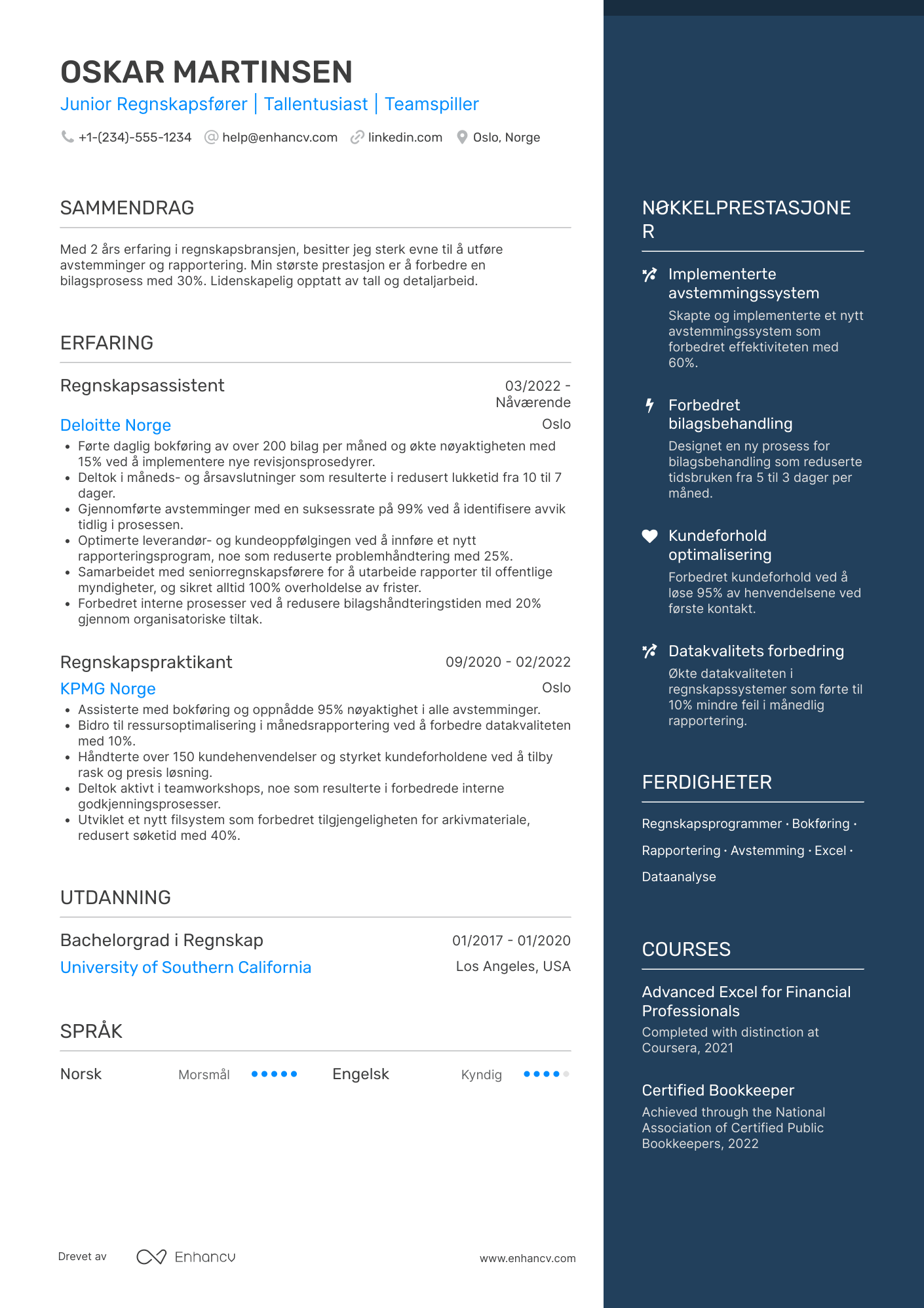 CV for Junior Regnskapsfører Resume Example