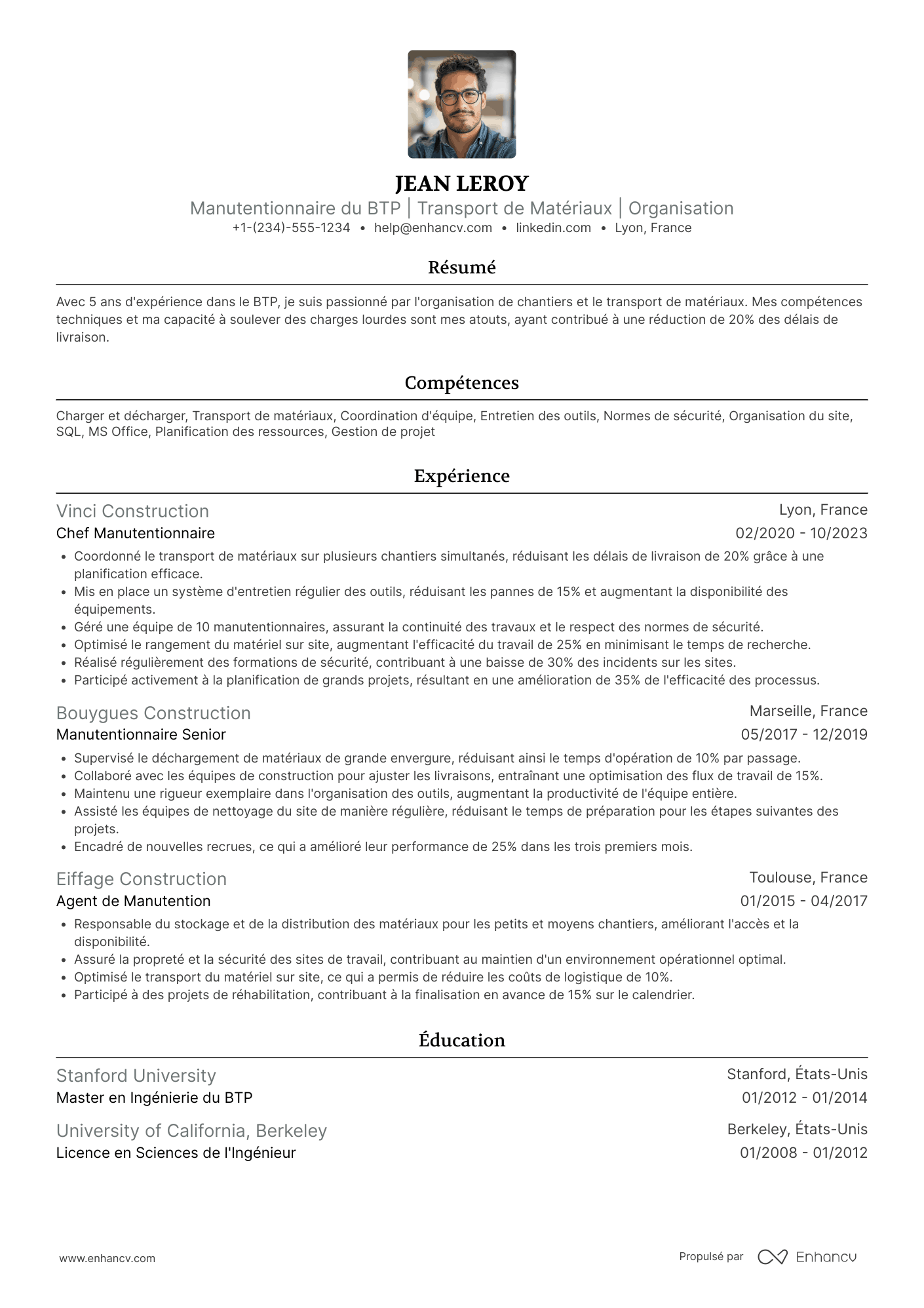CV de manutentionnaire dans le BTP Resume Example