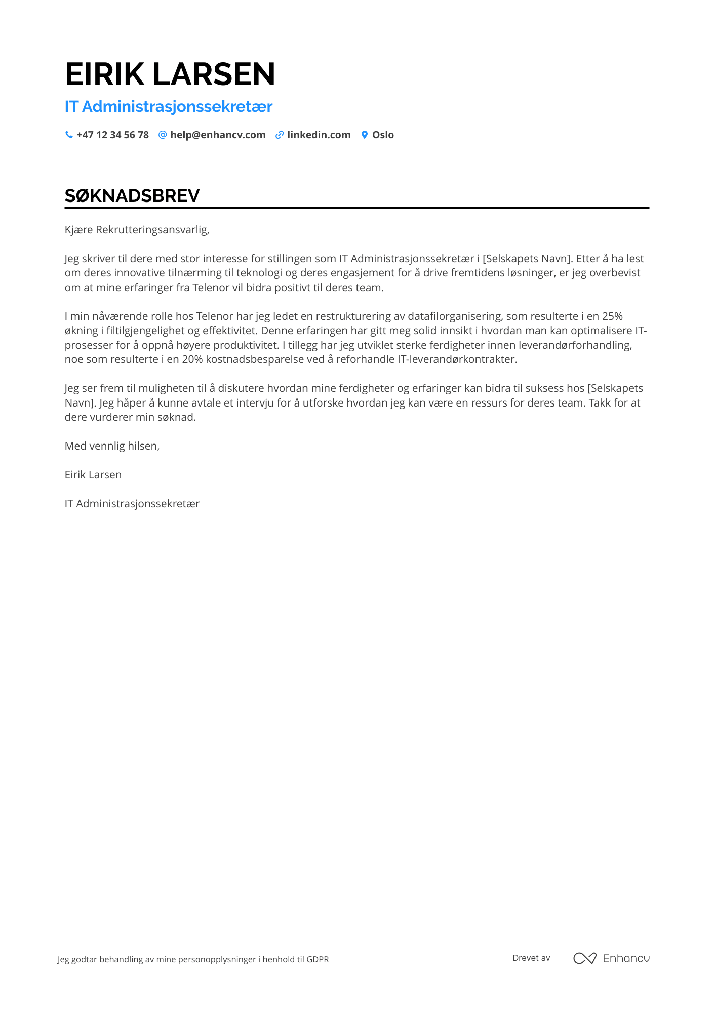 Søknadsbrev for IT Administrasjonssekretær Resume Example
