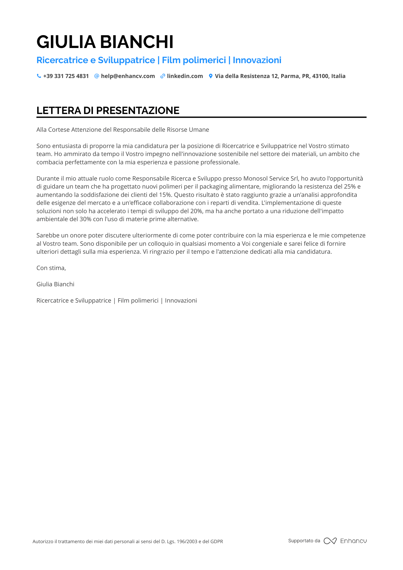 Ingegnere Chimico Resume Example
