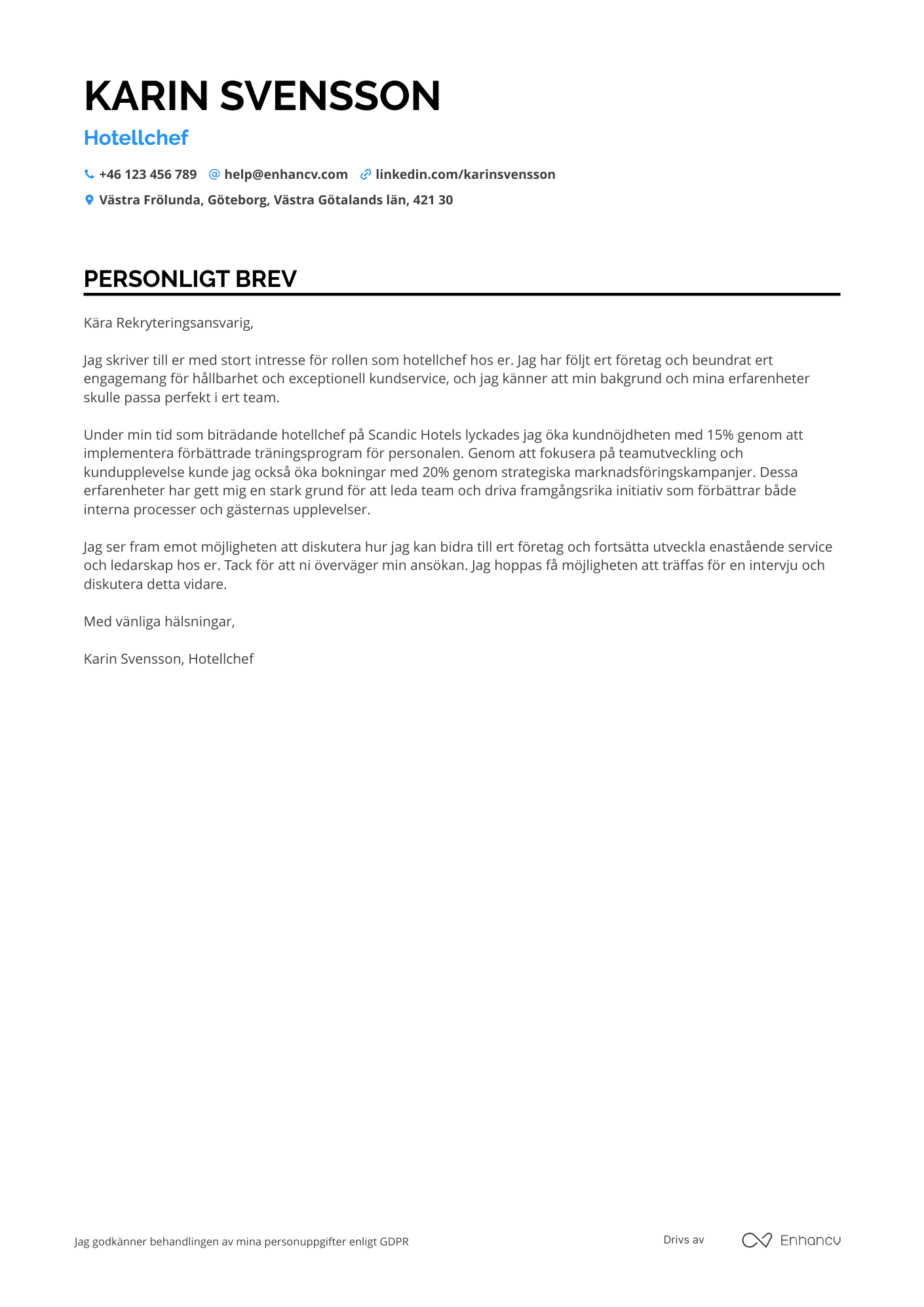 Personligt brev för Hotellchef ledning Resume Example