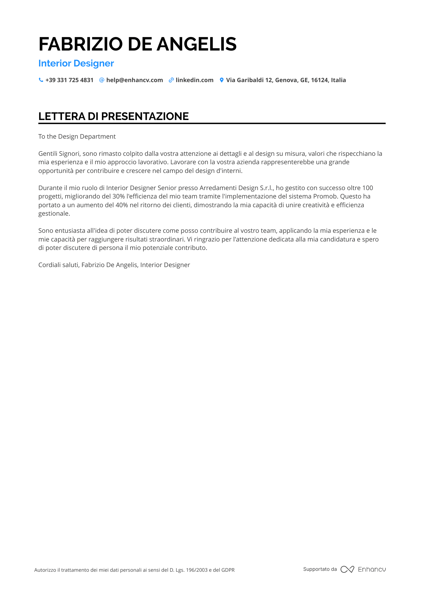 Interior Designer per Negozi al Dettaglio Resume Example