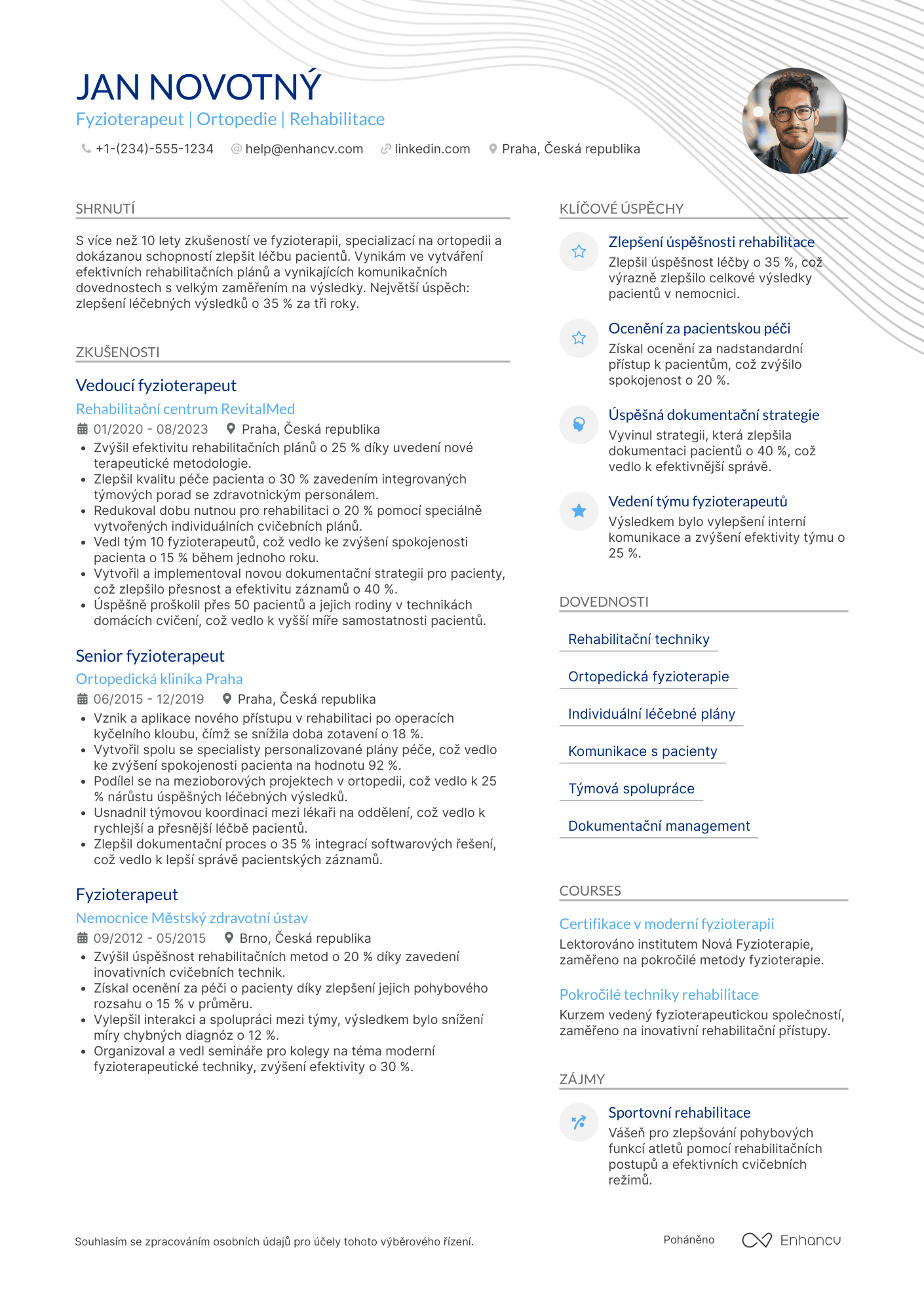 Životopis pro Fyzioterapeut na oddělení ortopedie Resume Example