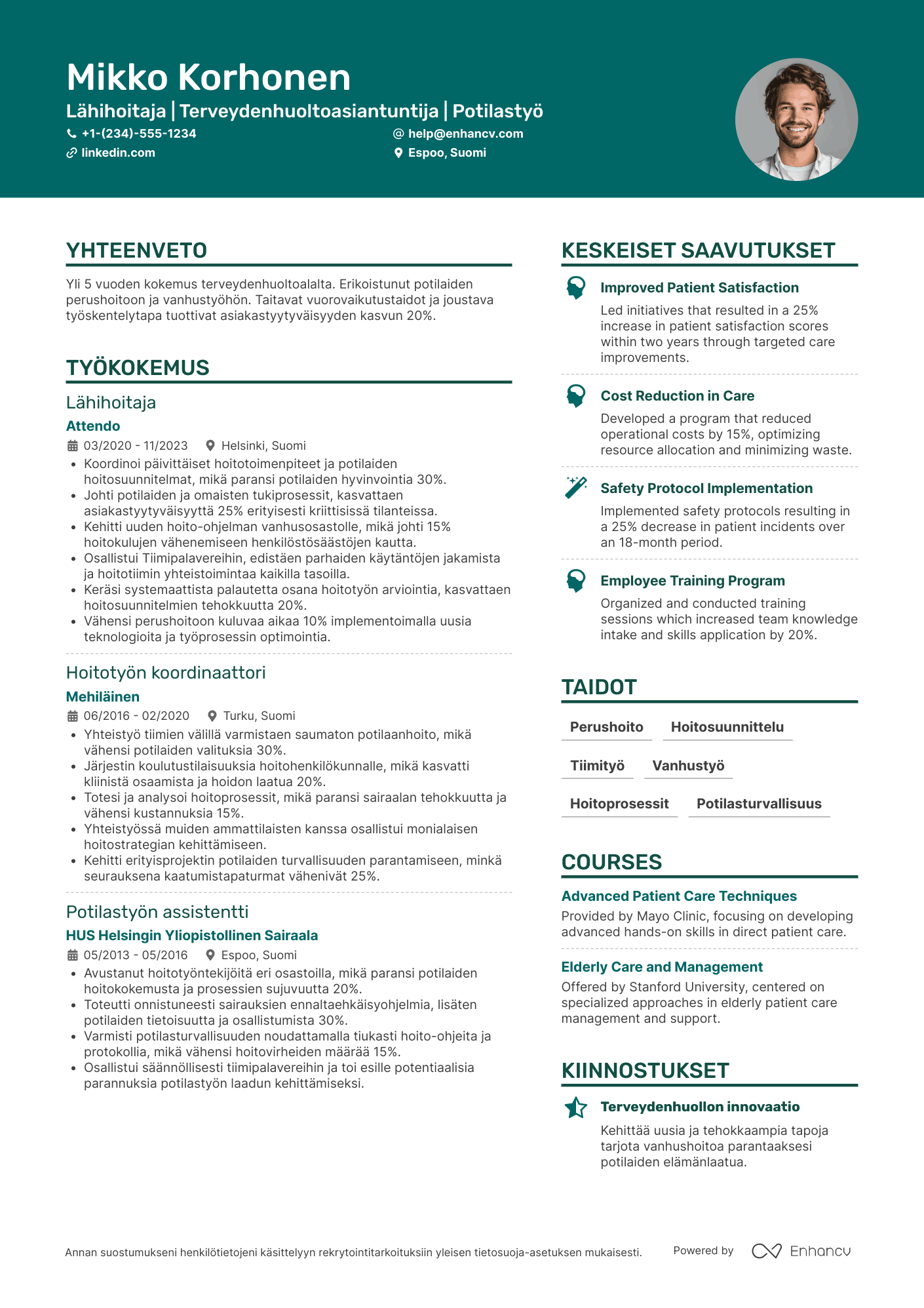 Ansioluettelo Lähihoitaja terveydenhuollossa Resume Example