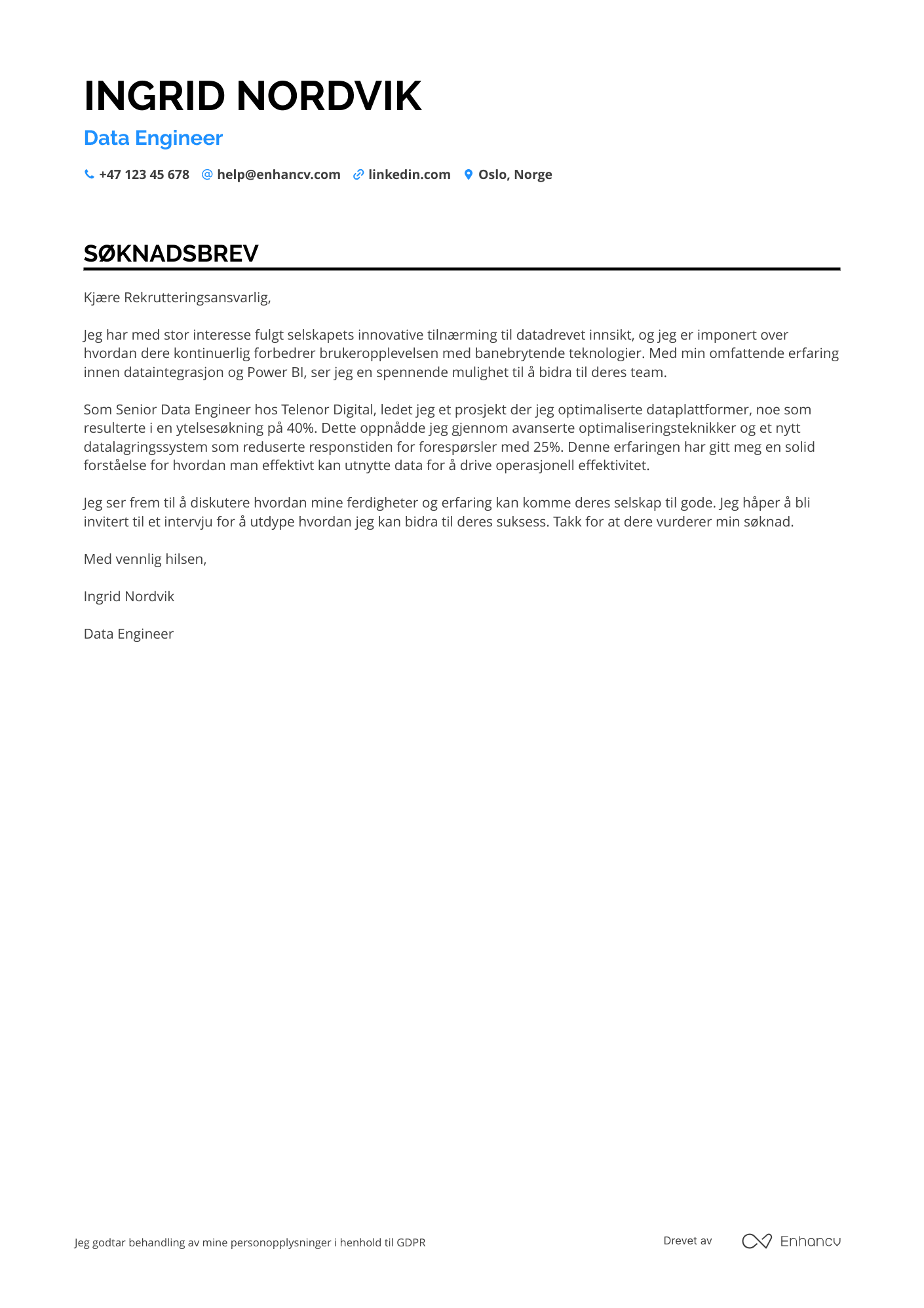 Søknadsbrev for Data Engineer Power BI‑utvikler Resume Example