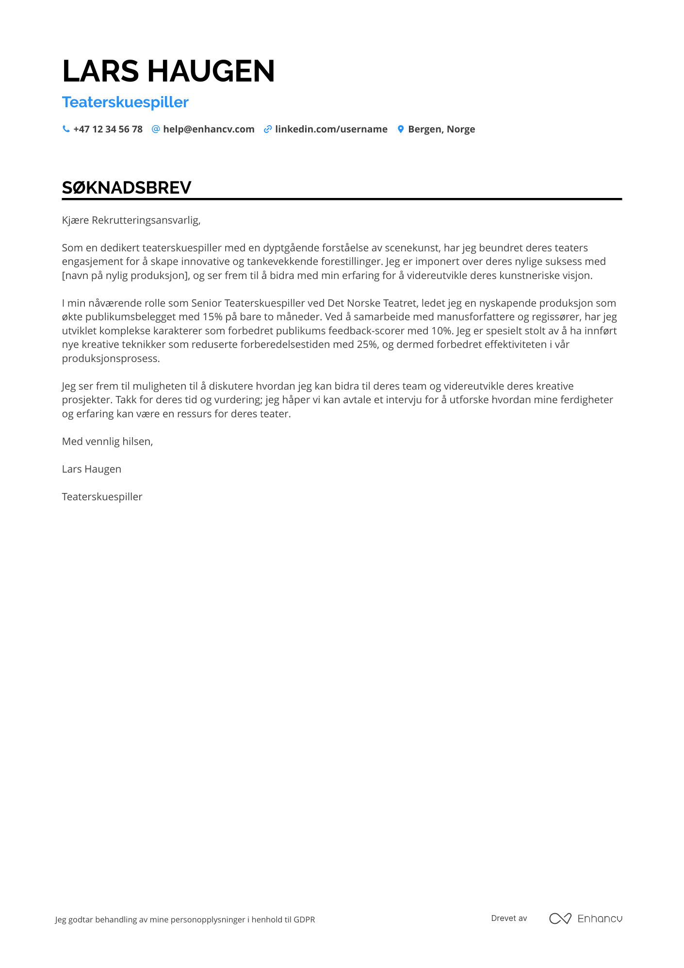 Søknadsbrev for Teaterskuespiller Resume Example