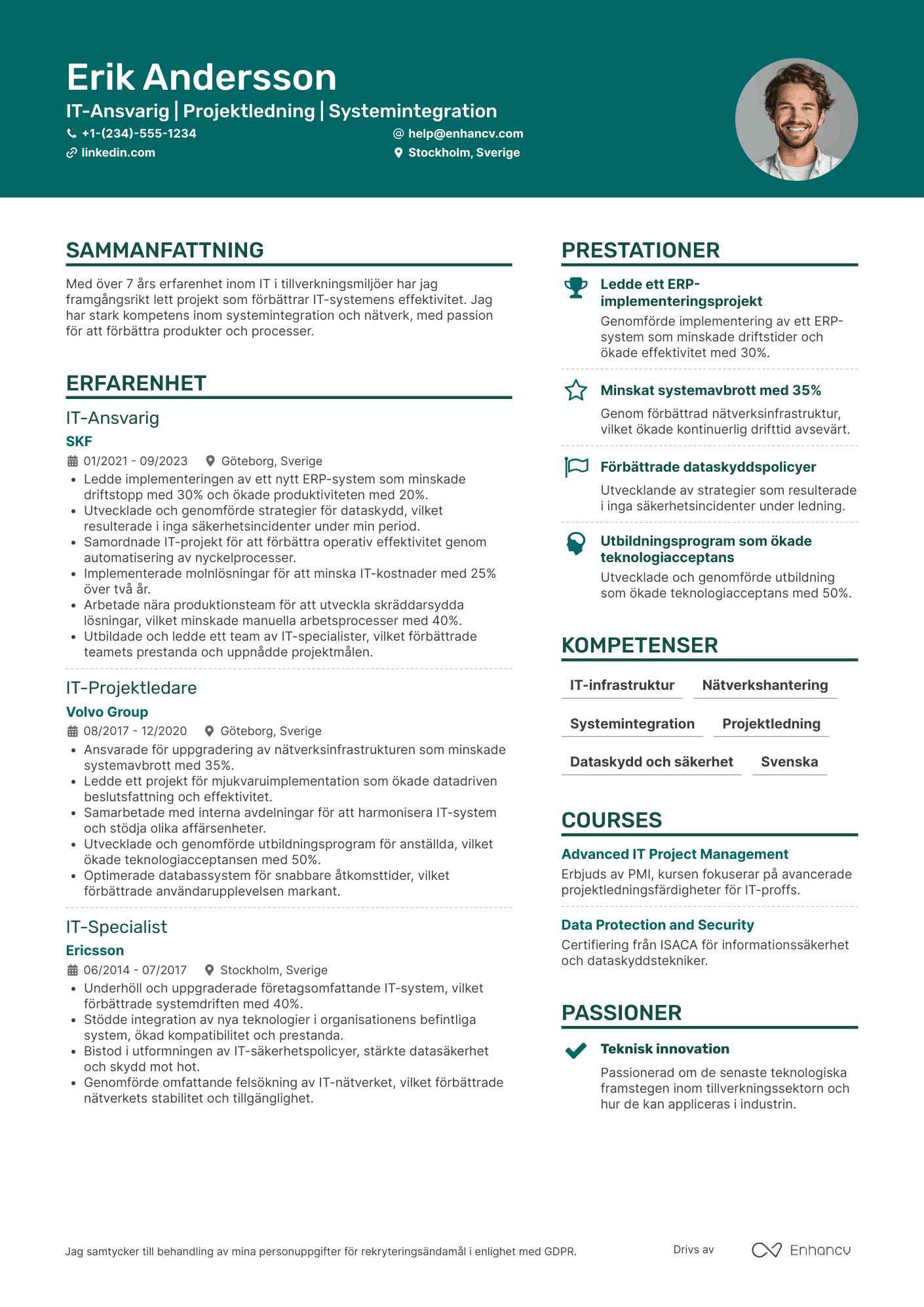 CV för IT Ansvarig Tillverkning Resume Example