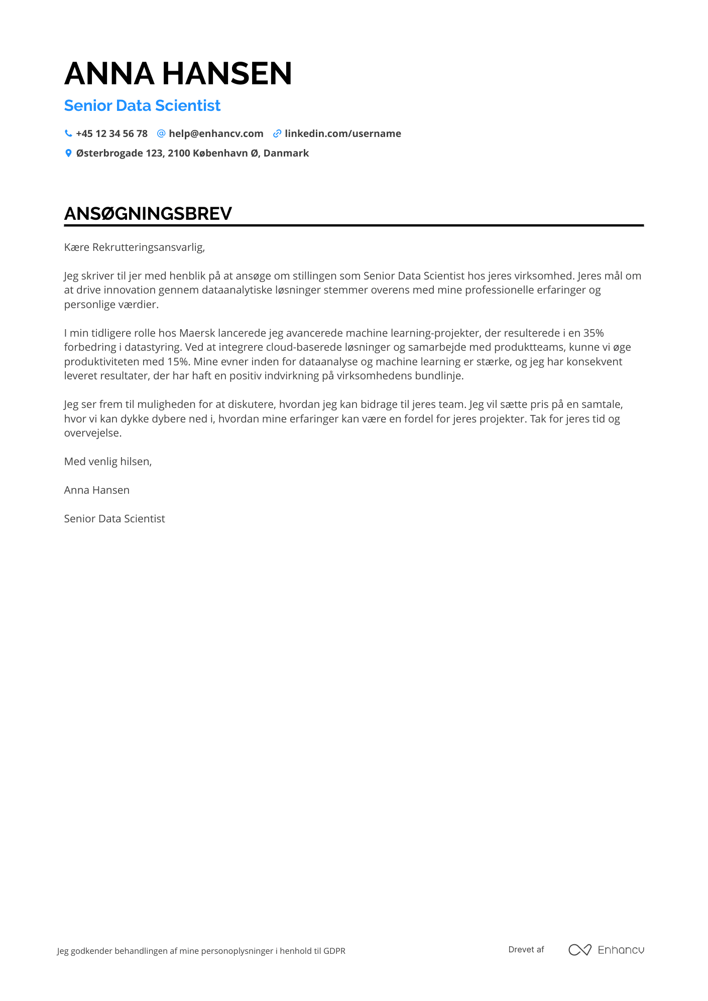 Ansøgningsbrev til Senior Data Scientist Resume Example
