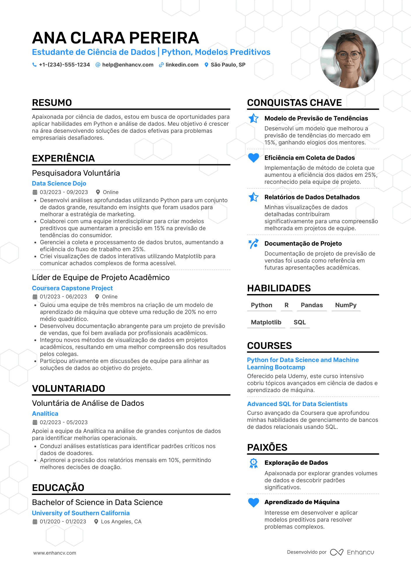 Currículo para estágio em ciência de dados Resume Example