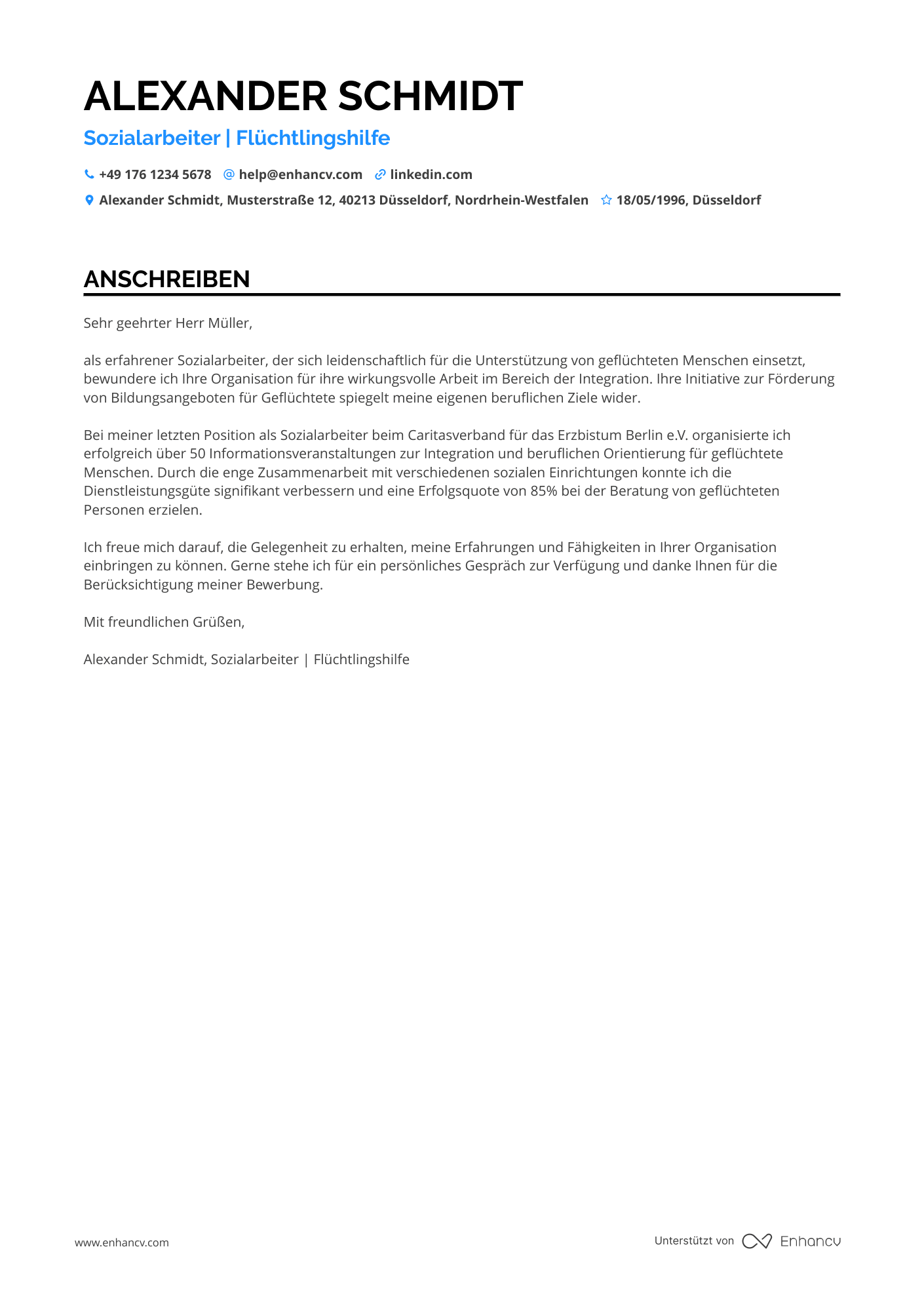 Sozialarbeiter in der Flüchtlingshilfe Resume Example