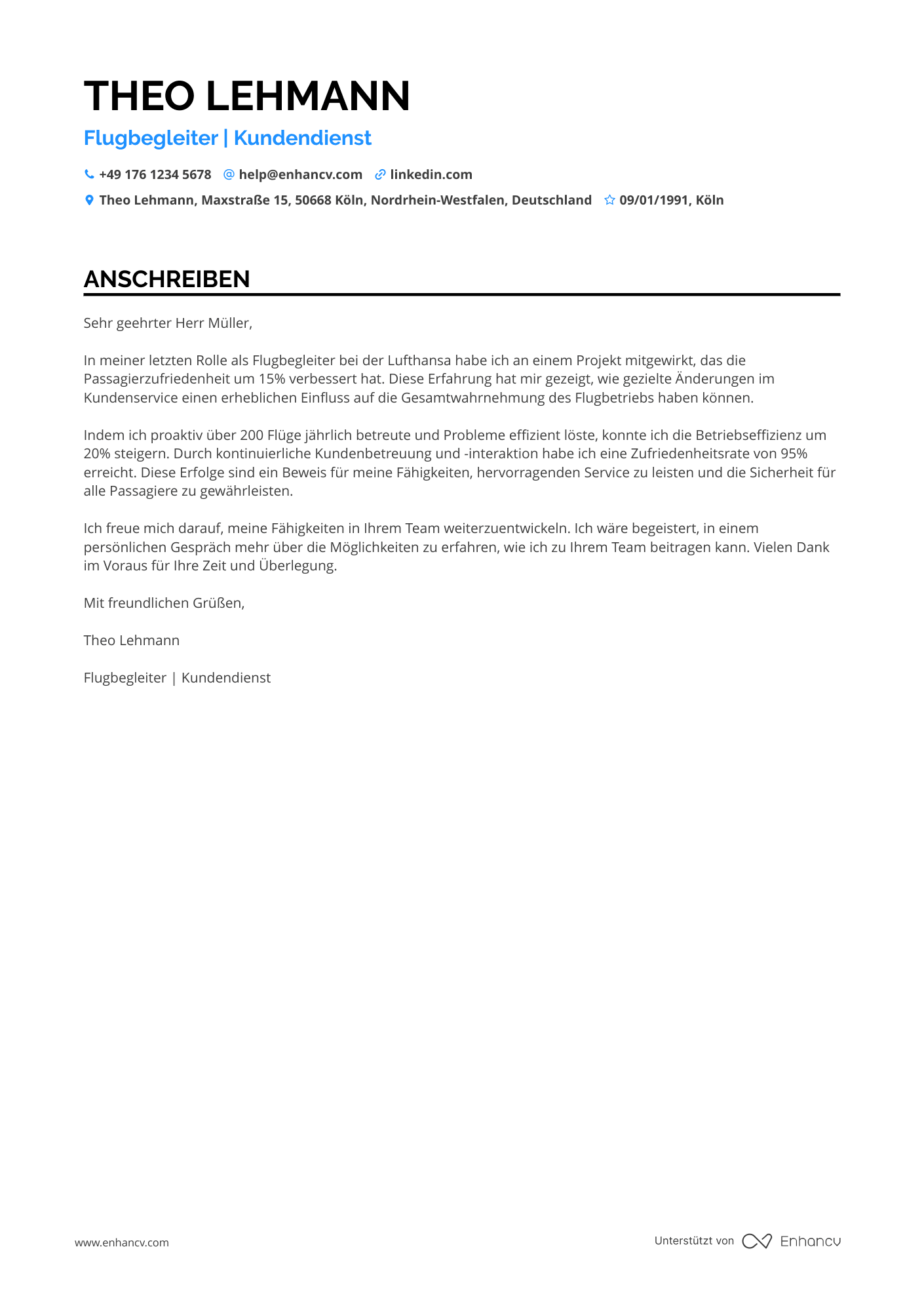Flugbegleiter mit Kundendiensterfahrung Resume Example