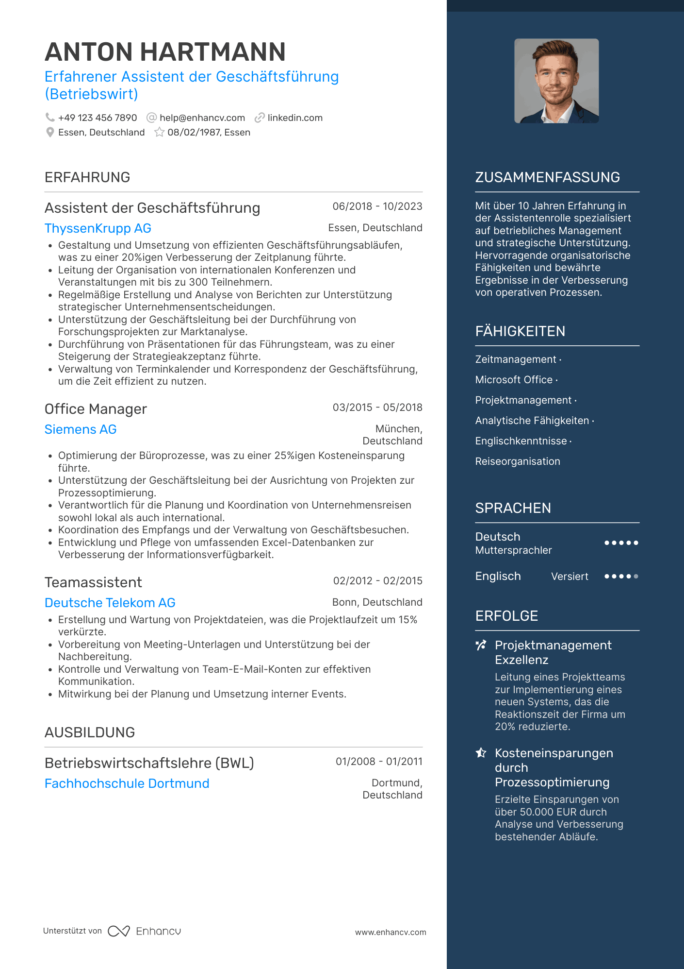 Lebenslauf als Assistenz des Geschäftsführers Resume Example