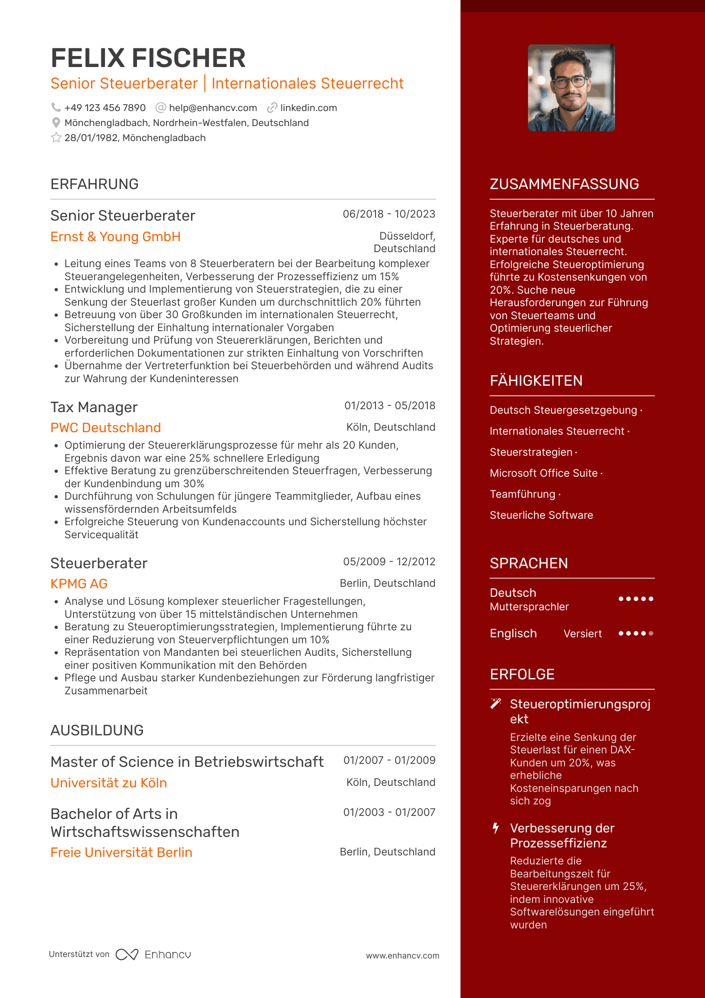 Lebenslauf als Senior Steuerberater Resume Example