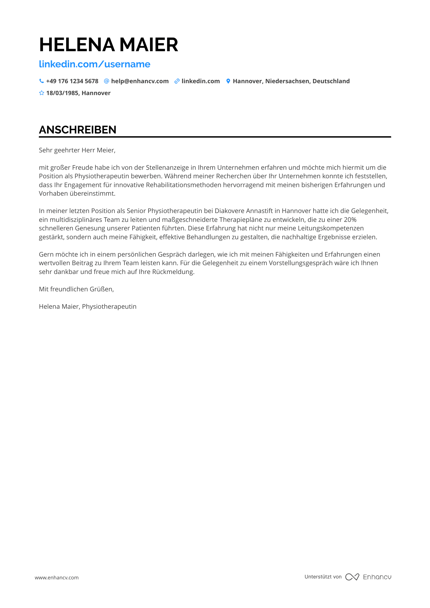 Physiotherapeut in einer Reha Klinik Resume Example