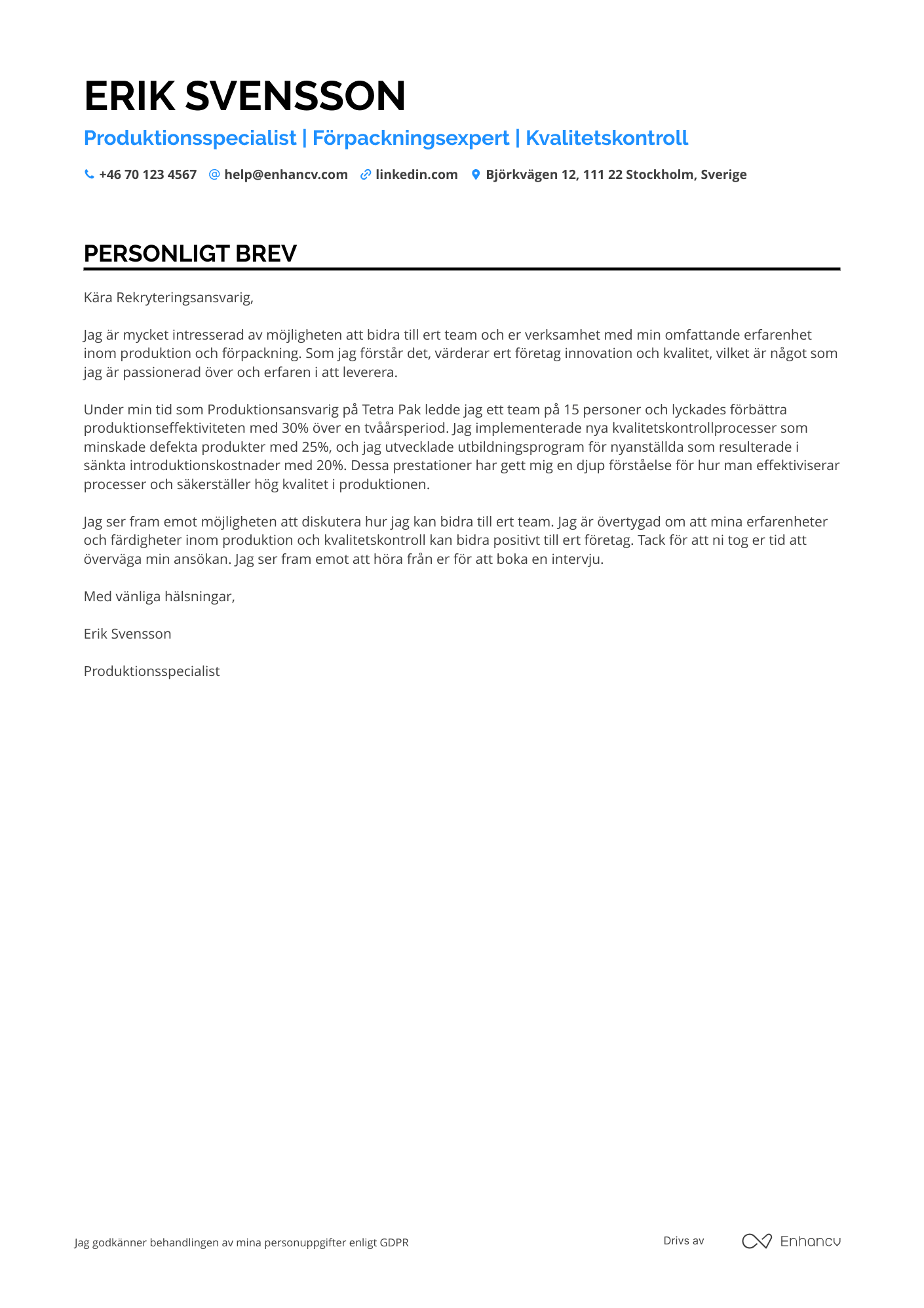 Personligt brev för Fabriksarbetare Förpackning Resume Example