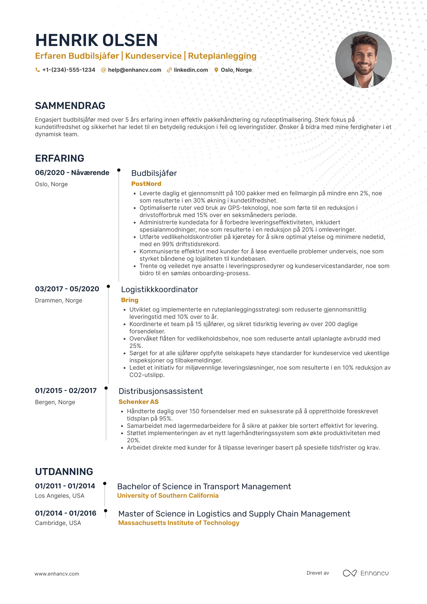 CV for Erfaren Budbilsjåfør Resume Example