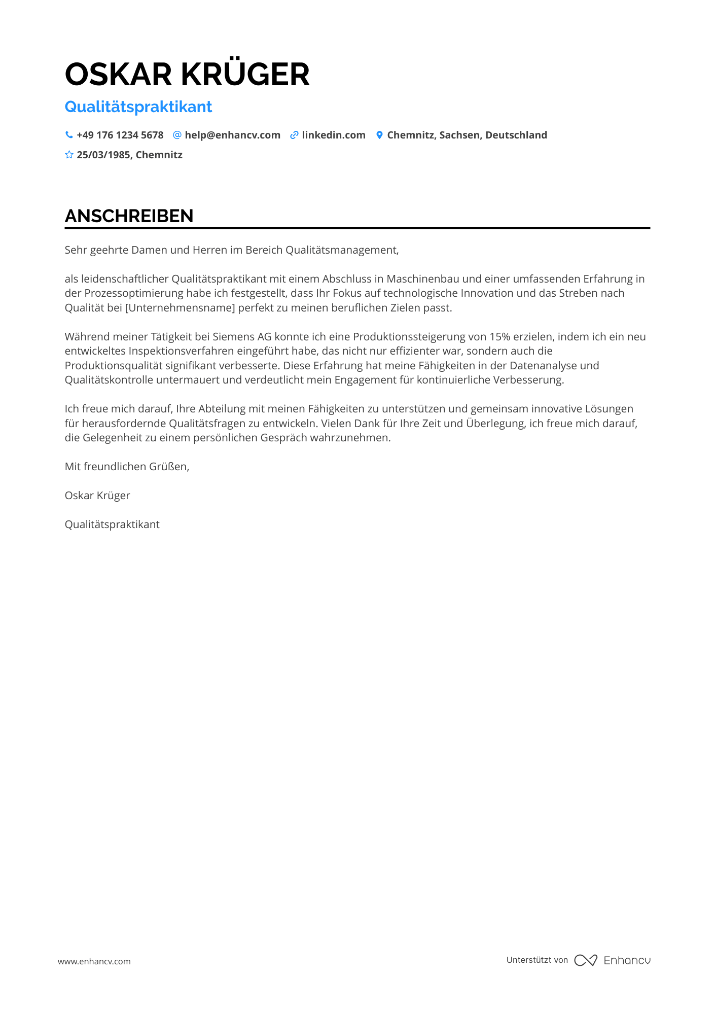 Junior Qualitätskontrolleur Resume Example