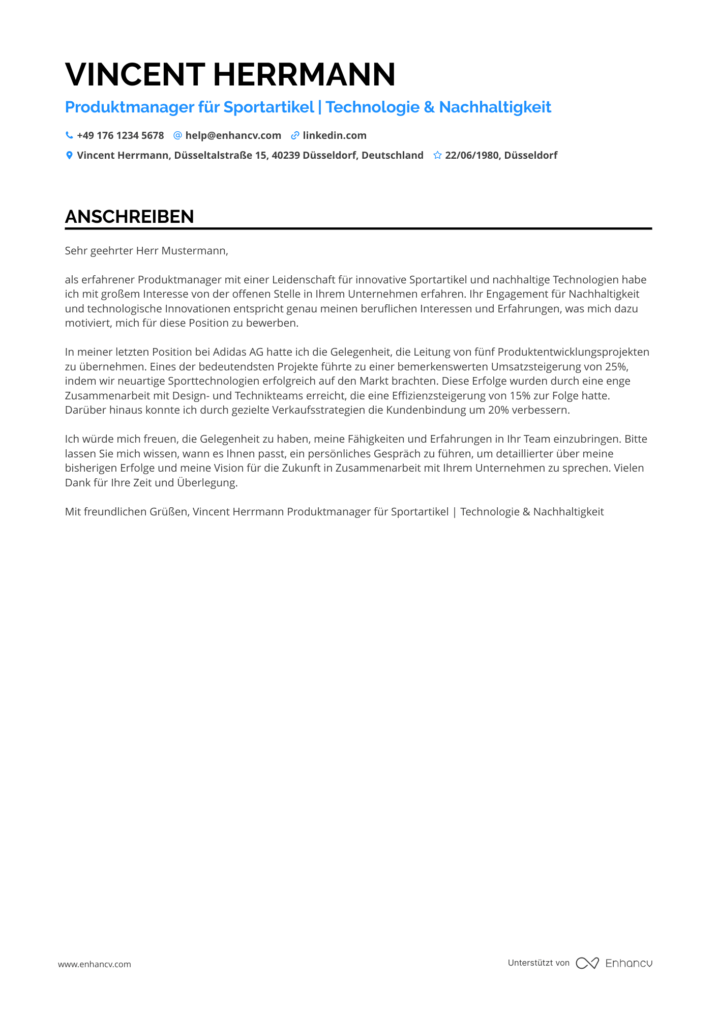 Produktmanager für Sportartikel Resume Example